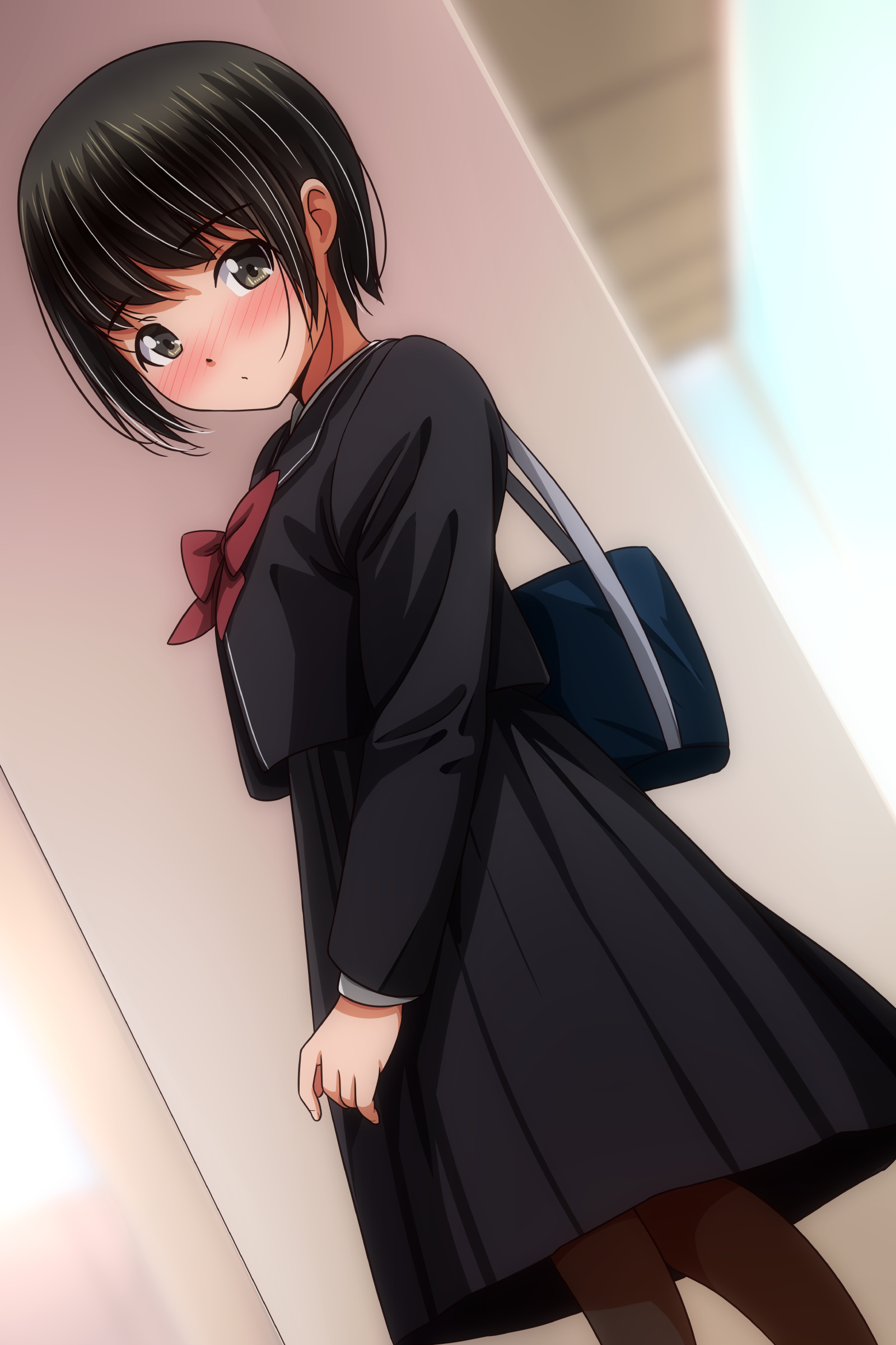 matsunaga kouyou, original, absurdres, commentary request, highres, 1girl, bag, black eyes, black hair, black pantyhose, black sailor collar, black serafuku, black shirt, black skirt, blurry, blurry background, blush, breasts, closed mouth, day, dot mouth, long sleeves, looking at viewer, outdoors, pantyhose, sailor collar, school bag, school uniform, serafuku, shirt, short hair, sidelocks, skirt, small breasts, solo, standing