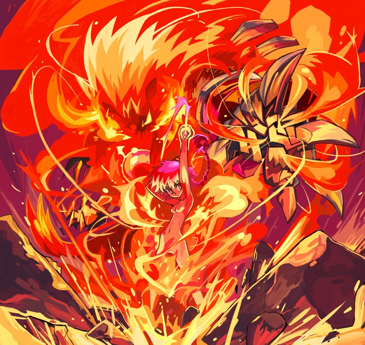 rayearth, shidou hikaru, magic knight rayearth, artist request, 1990s (style), braid, fire, long hair, nude, red eyes, red hair, single braid