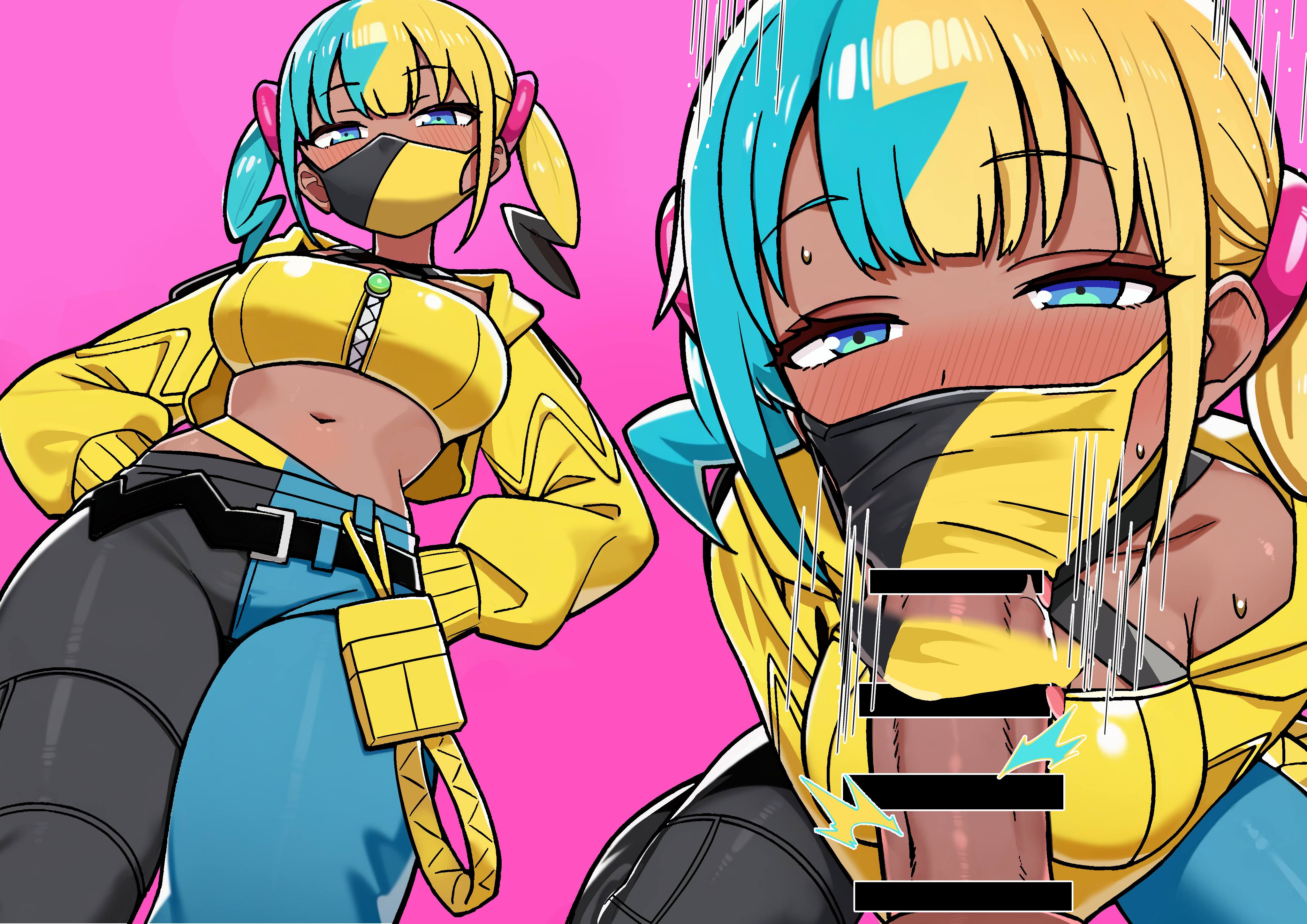 pikumin64, canari (pokemon), nintendo, pokemon, pokemon legends: z-a, absurdres, commentary request, highres, textless version, 1boy, 1girl, bandeau, belt, black belt, blue eyes, blush, eyelashes, fellatio, fellatio under mask, half-closed eyes, hetero, jacket, long sleeves, mask, mouth mask, multicolored hair, multiple views, navel, open clothes, open jacket, oral, pants, pink background, short twintails, twintails, yellow bandeau, yellow jacket, zipper, zipper pull tab