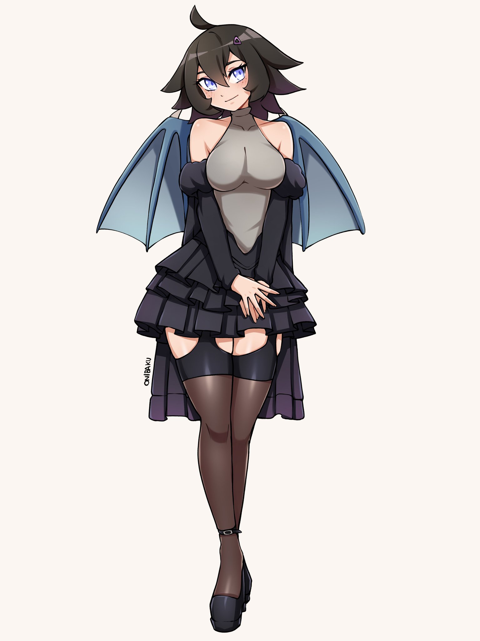 oninuer, original, commentary, commission, english commentary, highres, 1girl, ahoge, bare shoulders, black hair, black shoes, black skirt, black thighhighs, blue eyes, breasts, closed mouth, detached sleeves, double-parted bangs, dragon girl, dragon wings, frilled skirt, frills, full body, garter straps, grey background, grey shirt, hair between eyes, hair ornament, large breasts, long sleeves, looking at viewer, own hands together, shirt, shoes, short hair, simple background, skirt, sleeveless, sleeveless shirt, sleeveless turtleneck, smile, solo, standing, thighhighs, turtleneck, turtleneck shirt, wings