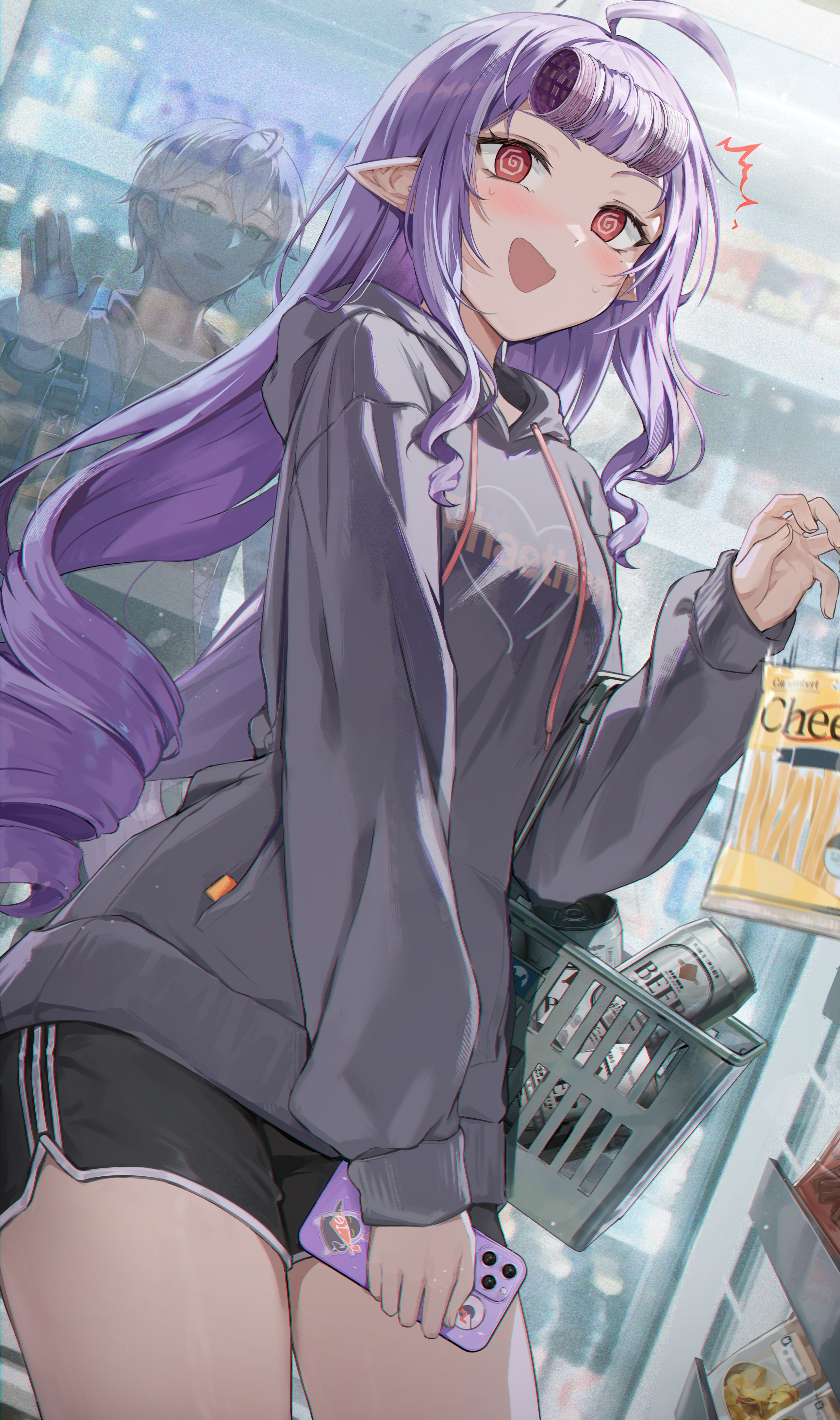 luzzi (milllim), vivian banshee, wise (zenless zone zero), zenless zone zero, absurdres, highres, 1boy, 1girl, @ @, ahoge, alternate costume, beer can, black shorts, blush, breasts, can, caught, cellphone, dolphin shorts, drill hair, drink can, embarrassed, food, grey sweater, hair rollers, holding, holding phone, long hair, medium breasts, notice lines, open mouth, phone, pointy ears, purple hair, red eyes, shopping basket, shorts, sidelocks, smartphone, snack, sweatdrop, sweater, twin drills, waving