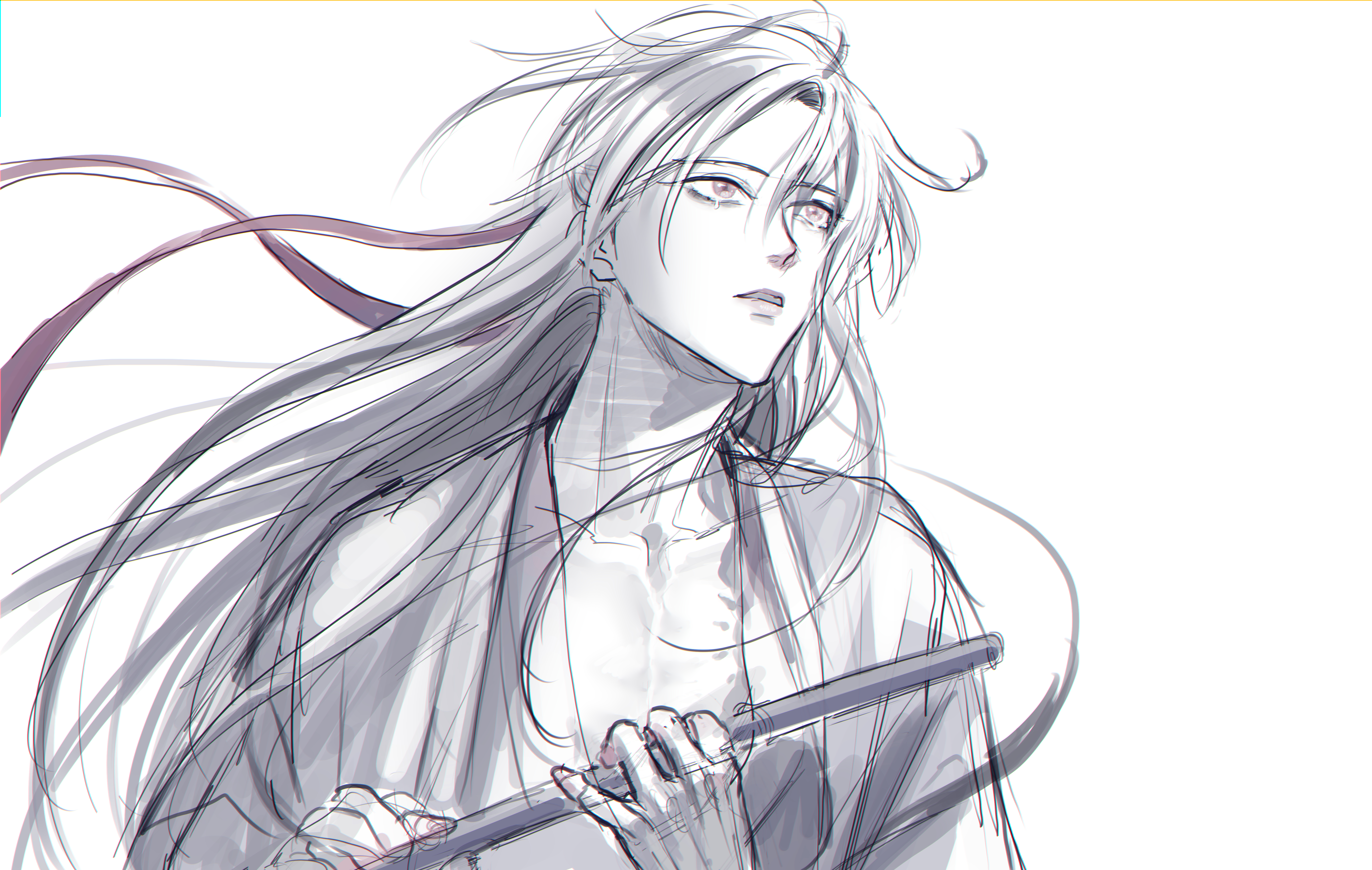 actcat3, wei wuxian, wei wuxian (yiling laozu), modao zushi, absurdres, highres, 1boy, ahoge, bishounen, chenqing flute, chinese clothes, coat, collarbone, dizi, floating hair, flute, greyscale, hair down, hair ribbon, half updo, hanfu, holding, holding flute, holding instrument, instrument, long hair, looking to the side, male focus, monochrome, official alternate costume, official alternate hairstyle, open clothes, open coat, parted lips, pectoral cleavage, pectorals, red eyes, red ribbon, ribbon, robe, simple background, sketch, solo, spot color, transverse flute, upper body, white background