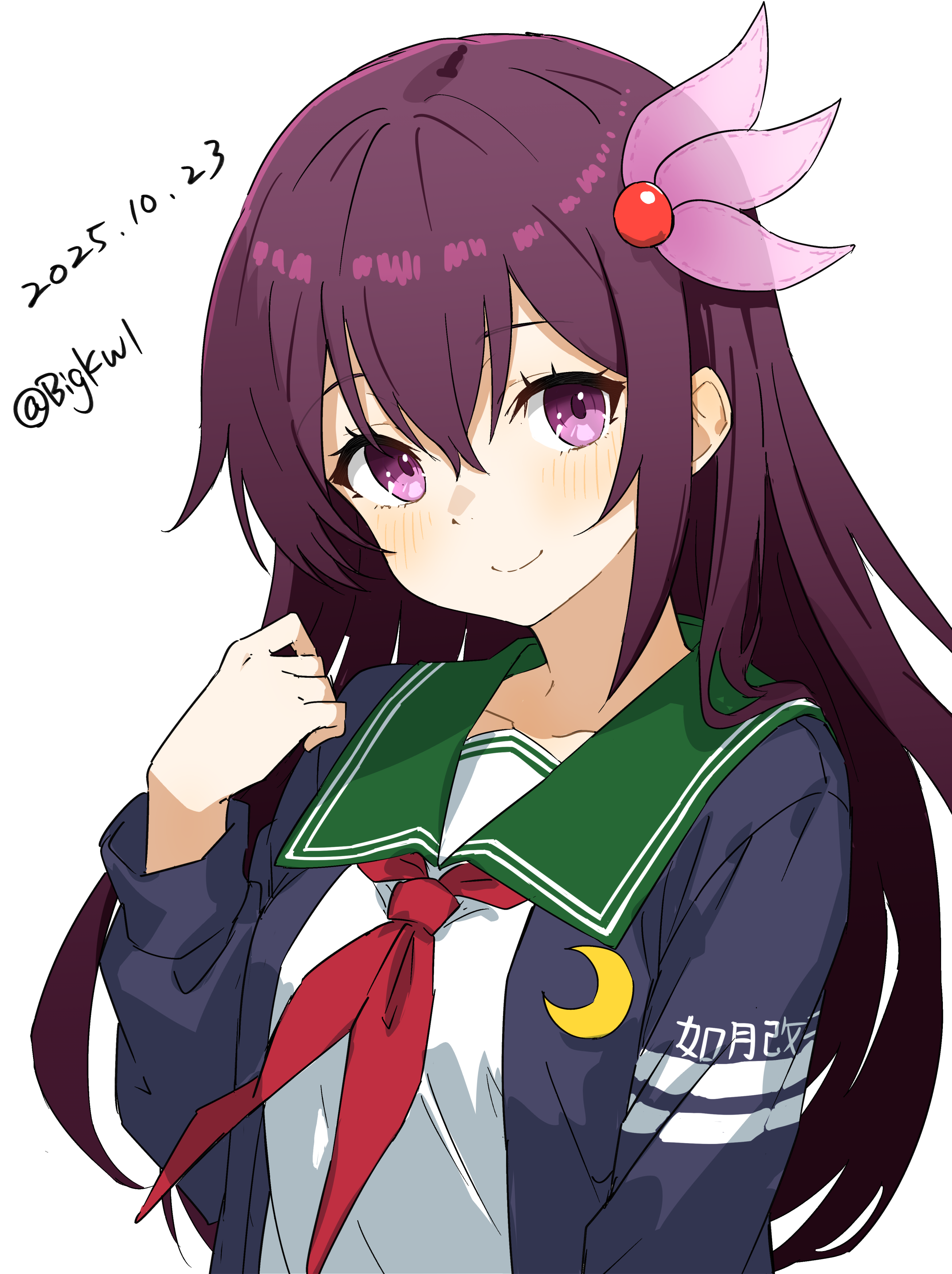 bigkwl, kisaragi (kancolle), kisaragi kai ni (kancolle), kantai collection, absurdres, commentary, highres, 1girl, blue jacket, blush, brown hair, closed mouth, collarbone, crescent, crescent hair ornament, dated, dated commentary, green sailor collar, hair between eyes, hair ornament, hand up, jacket, long hair, long sleeves, looking at viewer, neckerchief, one-hour drawing challenge, purple eyes, red neckerchief, sailor collar, school uniform, serafuku, shirt, simple background, smile, solo, twitter username, upper body, white background, white shirt
