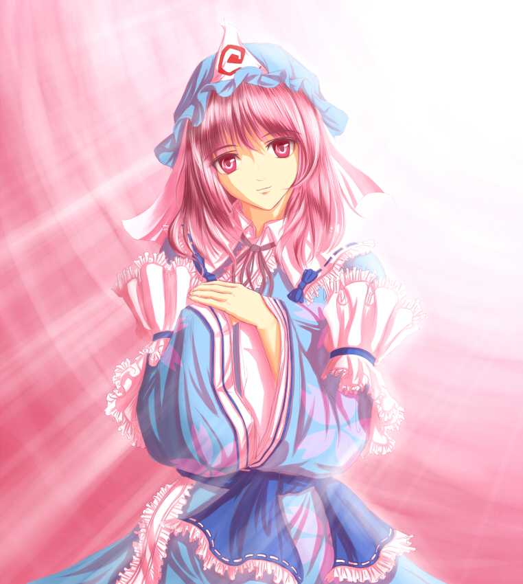 asagi (artist), asagi (xeelee), xeelee87, saigyouji yuyuko, touhou, 1girl, dress, female focus, frills, gathers, hat, japanese clothes, kimono, pink eyes, pink hair, solo, triangular headpiece