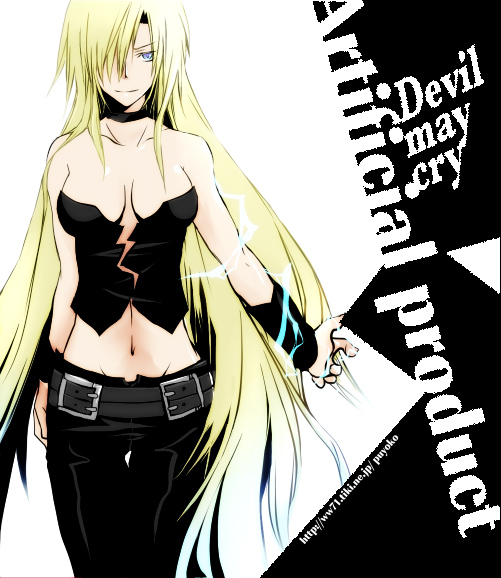 puyoko, trish (devil may cry), capcom, devil may cry (series), 00s, 1girl, belt, blonde hair, breasts, cleavage, female focus, hair over one eye, large breasts, long hair, midriff, solo