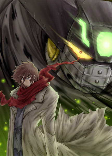 kuore, black getter, nagare ryoma, getter robo, shin getter robo, toei company, bad id, bad pixiv id, cape, coat, male focus, mecha, red scarf, robot, scarf, super robot, trench coat