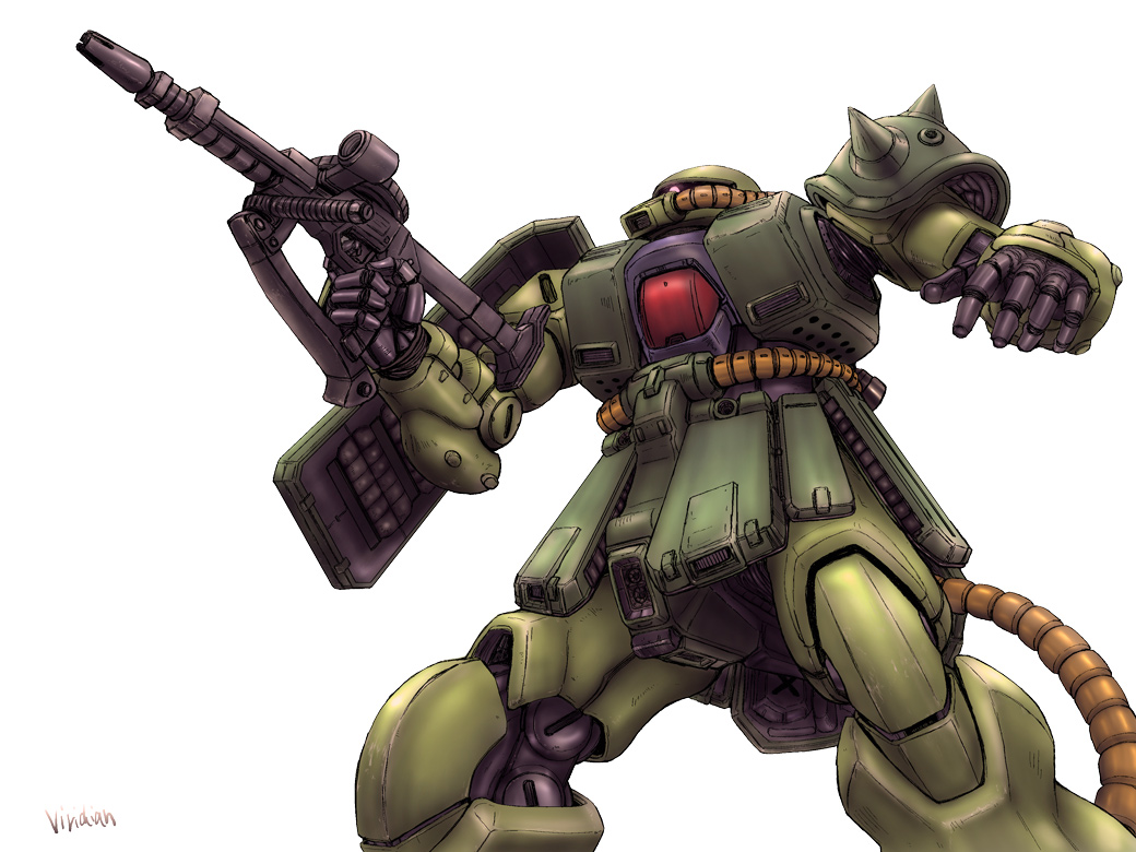viridian-c, zaku, zaku ii, zaku ii fz kai, gundam, gundam 0080, 1980s (style), gun, machine gun, mecha, no humans, oldschool, retro artstyle, robot, simple background, solo, weapon