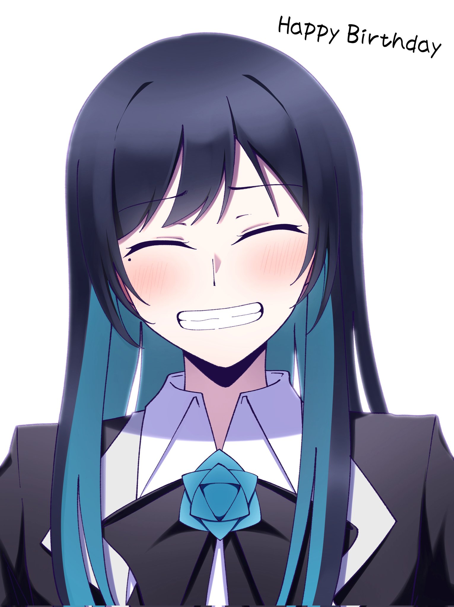 nori (norinori yrl), chando (ado), ado (utaite), commentary request, highres, 1girl, ^ ^, black bow, black bowtie, black hair, blue hair, blush, bow, bowtie, clenched teeth, closed eyes, collared shirt, colored inner hair, happy birthday, long hair, looking at viewer, mole, mole under eye, multicolored hair, shirt, simple background, smile, solo, tearing up, teeth, upper body, utaite, white background, white shirt