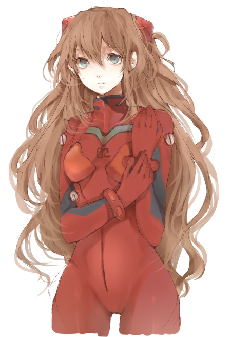 tetsuo (tashirosu), souryuu asuka langley, neon genesis evangelion, blue eyes, bodysuit, brown hair, long hair, mecha pilot suit, plugsuit (evangelion), simple background, solo, wavy hair