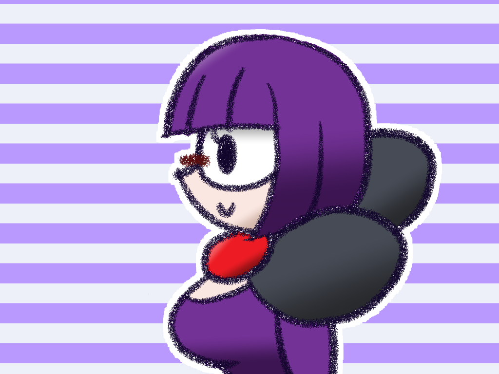 shauntal (pokemon), nintendo, pokemon, pokemon bw, 1girl, blunt bangs, bob cut, bow, breasts, galboss, glasses, large bow, low-cut, medium breasts, neck pillow, purple background, purple hair, rimless eyewear, round eyewear, short hair, smile, striped background, upper body