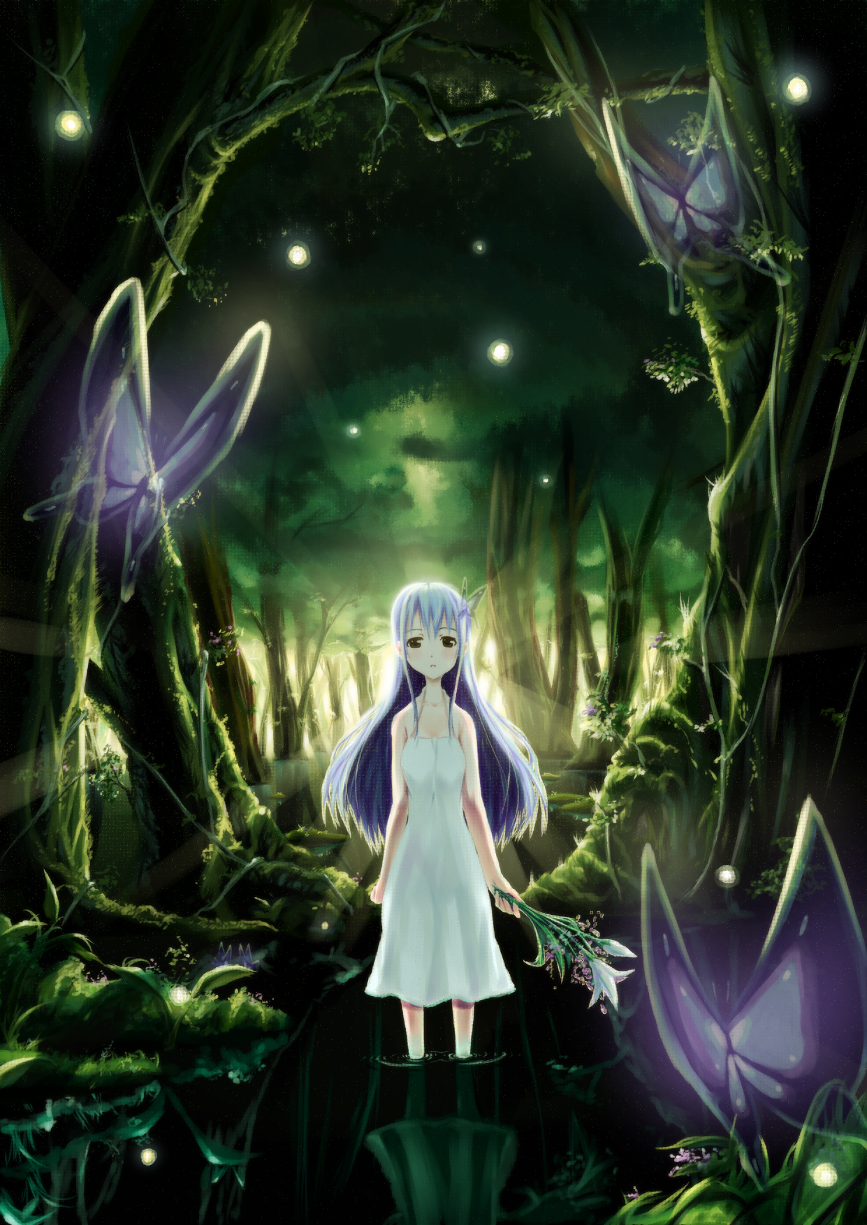 wadapen, original, highres, 1girl, blue hair, bug, butterfly, dress, female focus, flower, forest, insect, long hair, nature, solo, wading, water