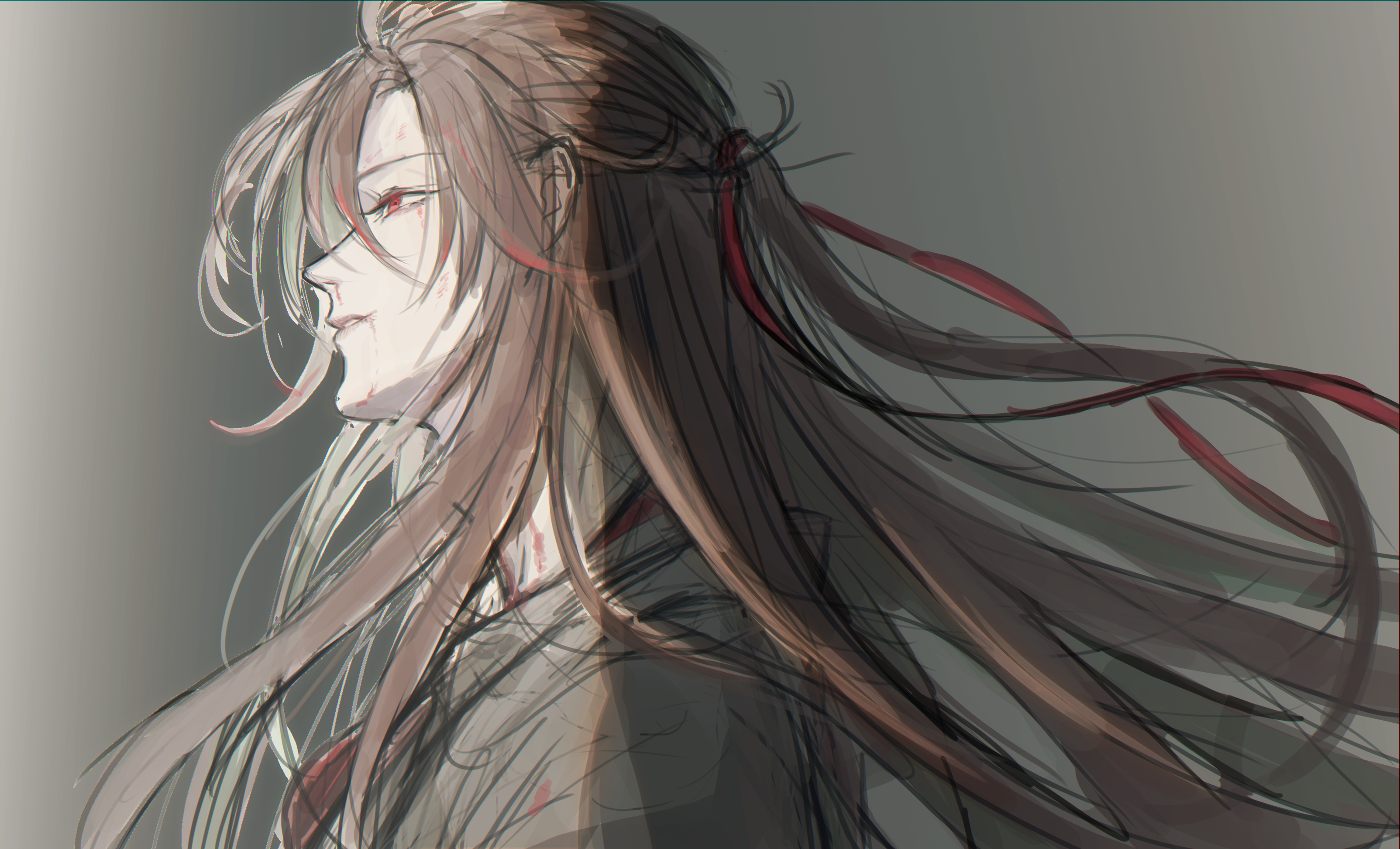 actcat3, wei wuxian, wei wuxian (yiling laozu), modao zushi, absurdres, highres, 1boy, bishounen, black hanfu, blood, blood on face, brown hair, chinese clothes, floating hair, from side, grey background, hair down, hair ribbon, half updo, hanfu, injury, long hair, looking to the side, male focus, official alternate hairstyle, parted lips, profile, red eyes, red ribbon, ribbon, robe, sidelocks, sketch, smile, solo, upper body