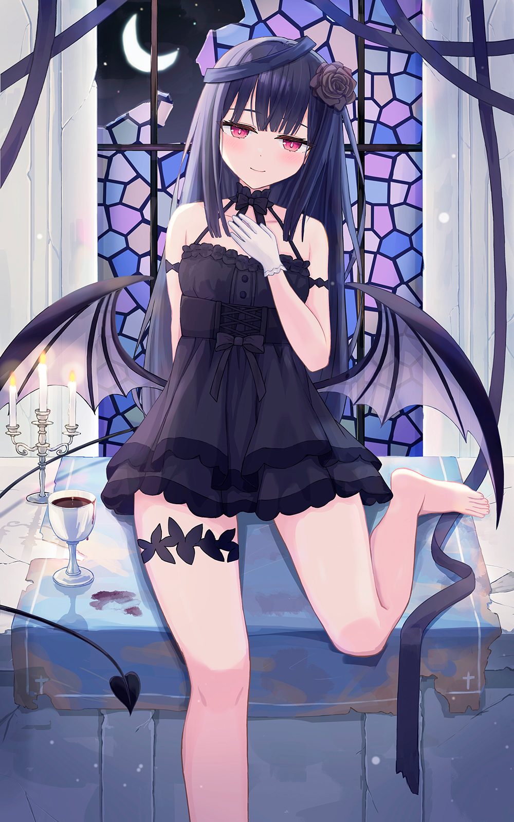 enokitake, original, highres, 1girl, barefoot, black dress, black flower, black hair, black ribbon, black rose, blush, candle, closed mouth, collarbone, crescent moon, cup, demon, demon girl, demon tail, demon wings, dress, feet, flower, gloves, hair flower, hair ornament, hand on own chest, long hair, moon, night, red eyes, ribbon, rose, sidelocks, sitting, sitting on table, smile, stained glass, table, tablecloth, tail, thighs, toes, white gloves, window, wings