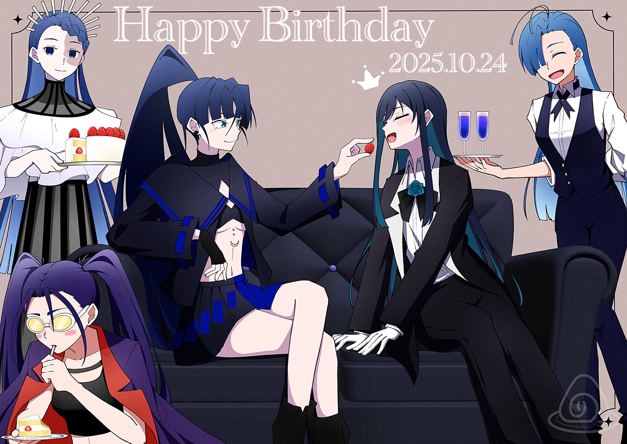nori (norinori yrl), chando (ado), gira-gira-chan (ado), merry (ado), naima (ado), odo-chan (ado), ado (utaite), gira gira, odo (song), readymade (ado), usseewa, commentary, highres, 5girls, black coat, black dress, black hair, black pants, black shirt, black skirt, black tank top, blue eyes, blue hair, blue pants, blue vest, blush, braid, braided bangs, breasts, cake, closed mouth, coat, colored inner hair, couch, dress, fang, feeding, food, gloves, hair over one eye, hot sauce, jacket, jacket on shoulders, long hair, medium breasts, midriff, multicolored hair, multiple girls, neck ribbon, open clothes, open coat, open mouth, open shirt, pants, purple eyes, purple jacket, ribbon, shirt, sitting, skin fang, skirt, standing, tank top, twintails, underboob, utaite, vest, white gloves, white shirt