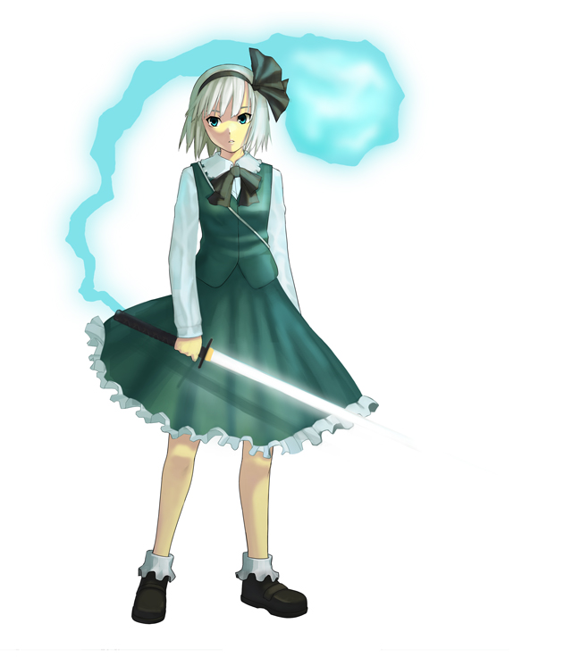blight essence, konpaku youmu, konpaku youmu (ghost), touhou, silver hair, bad id, bad pixiv id, 1girl, female focus, hitodama, katana, ribbon, solo, sword, weapon