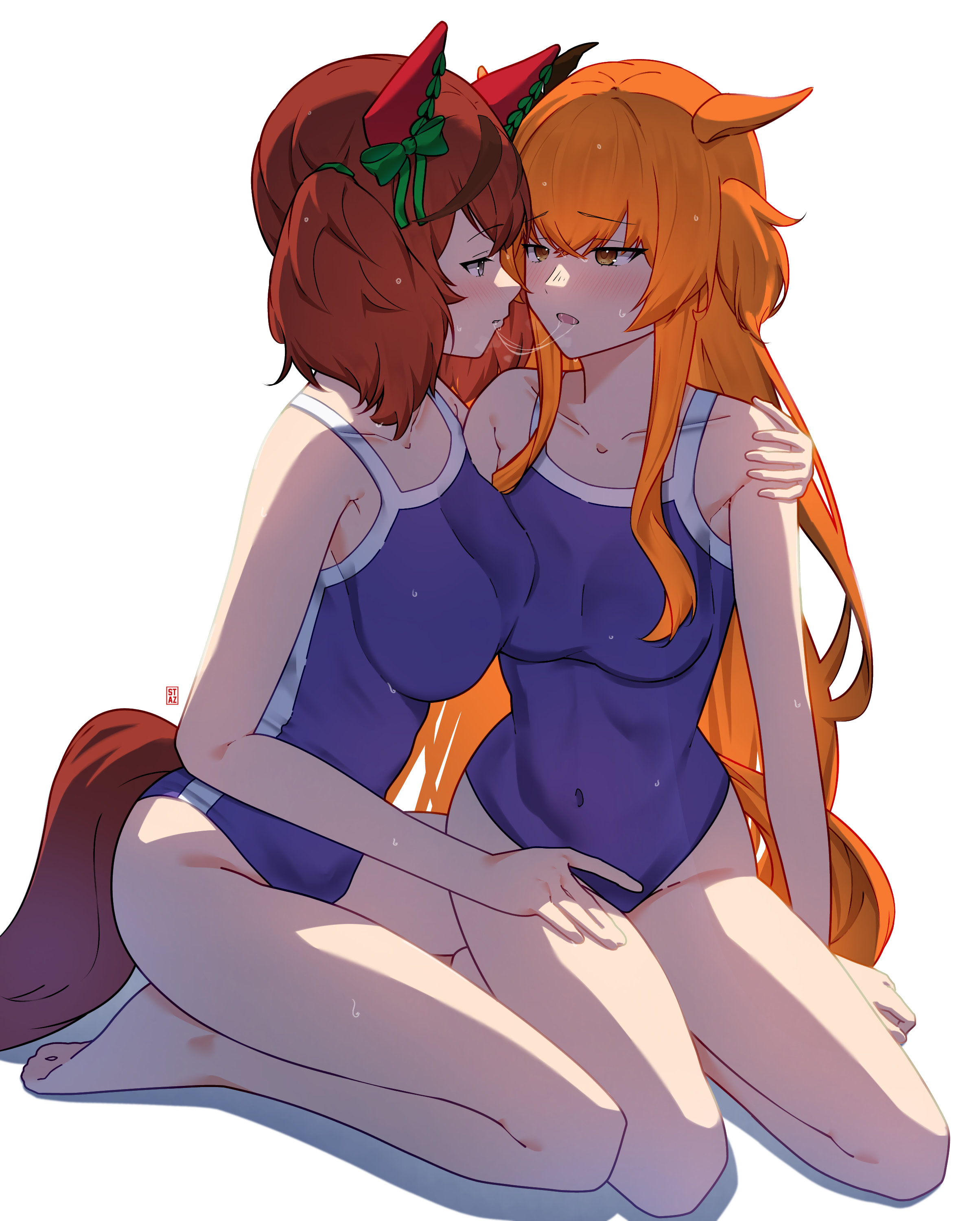 staz008, mayano top gun (umamusume), nice nature (umamusume), umamusume, absurdres, commentary, highres, 2girls, after kiss, animal ears, bare arms, blue one-piece swimsuit, hand on another's shoulder, hand on another's thigh, horse ears, horse girl, horse tail, multiple girls, one-piece swimsuit, orange eyes, orange hair, red hair, saliva, saliva trail, seiza, simple background, sitting, swimsuit, tail, twintails, white background, yuri