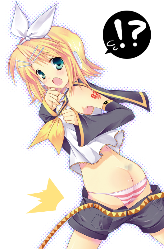 sakura hanpen, kagamine rin, sakura sakura, vocaloid, !, !?, 1girl, ?, accidental exposure, aqua eyes, ass, belt, blonde hair, clothes pull, female focus, hair ornament, hair ribbon, hairclip, open mouth, panties, pants falling, ribbon, shorts, shorts pull, solo, striped clothes, striped panties, underwear, wardrobe malfunction