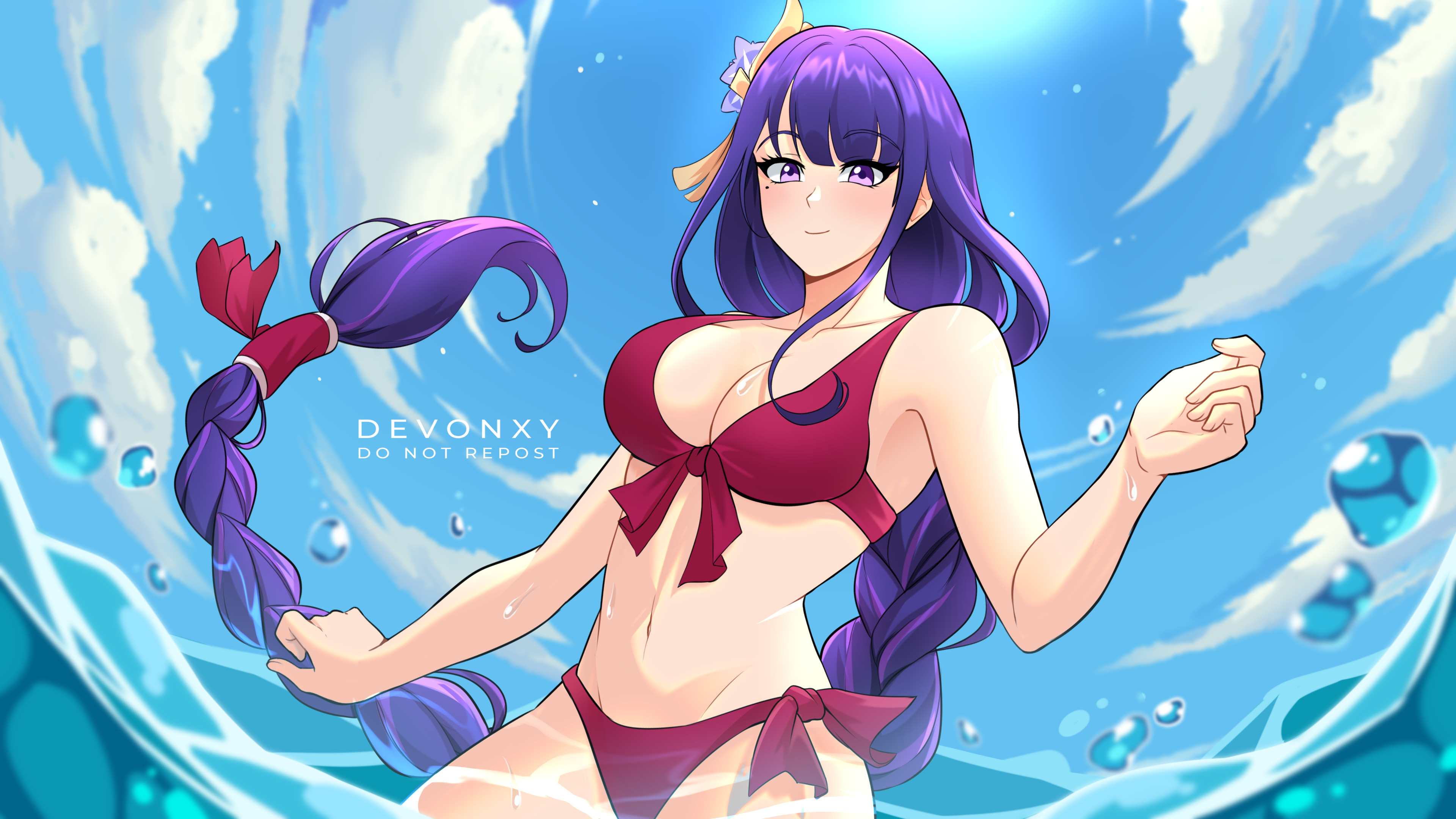 raiden shogun, genshin impact, absurdres, commentary, english commentary, highres, 1girl, alternate costume, armpits, artist name, bare shoulders, bikini, blue sky, blunt bangs, blush, braid, breasts, cleavage, closed mouth, cloud, cloudy sky, collarbone, devonxy2, floating hair, hair floating upwards, hair ornament, hair ribbon, huge breasts, in water, light particles, light smile, long braid, long hair, looking at viewer, looking down, mole, mole under eye, multicolored hair, navel, ocean, purple eyes, purple hair, red bikini, red ribbon, ribbon, shade, single braid, sky, solo, standing, stomach, streaked hair, sun, swimsuit, thighs, toned, toned female, upper body, water, water drop, wet