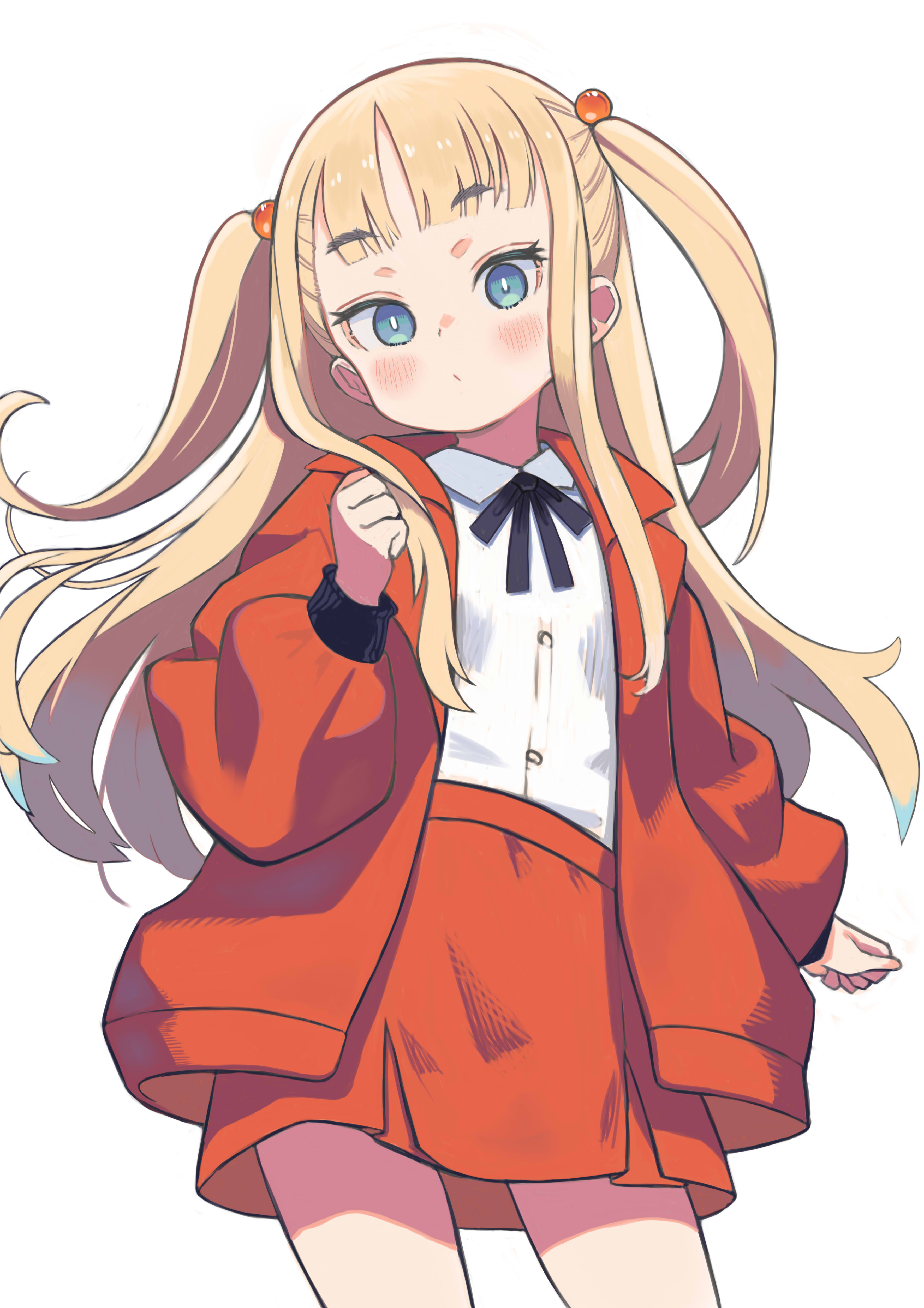monomono, original, absurdres, commentary, highres, 1girl, blonde hair, blue eyes, blush, jacket, long hair, looking at viewer, shirt, simple background, skirt, solo, white background, white shirt