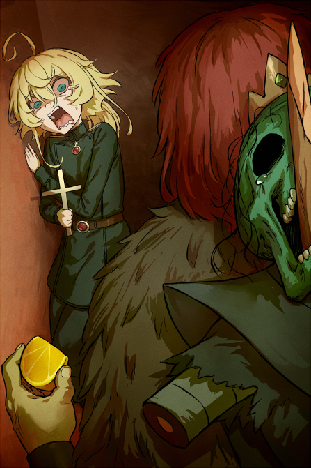 haraya manawari, tanya degurechaff, youjo senki, 1boy, 1girl, 1other, ahoge, amputee, barbarian (dungeon soup), belt, blonde hair, blue eyes, brown hair, cape, circlet, colored skin, cross, food, fruit, fur cape, gold circlet, green skin, hair between eyes, holding, holding cross, holding lemon, horrified, impaled, lemon, lemon slice, lich (dungeon soup), military uniform, missing eye, open mouth, tears