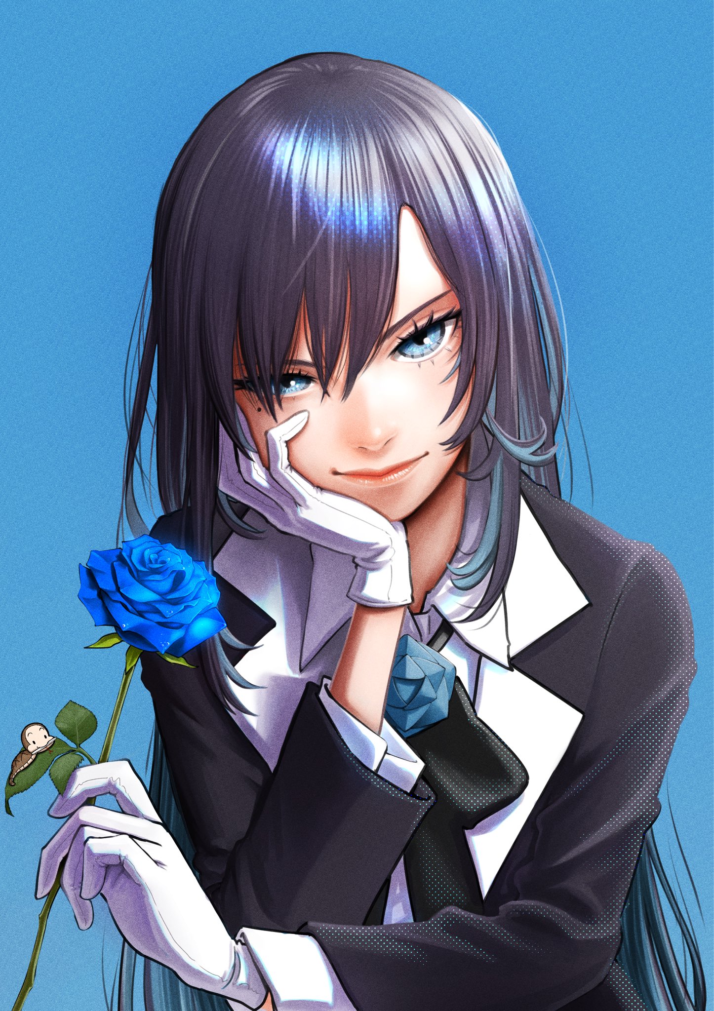 tsuchi no ko (artist), chando (ado), ado (utaite), commentary request, highres, 1girl, black bow, black bowtie, black coat, black hair, blue background, blue eyes, blue flower, blue hair, blue rose, bow, bowtie, choker, coat, collared shirt, flower, gloves, head rest, holding, holding flower, long hair, long sleeves, rose, shirt, solo, white gloves, white shirt