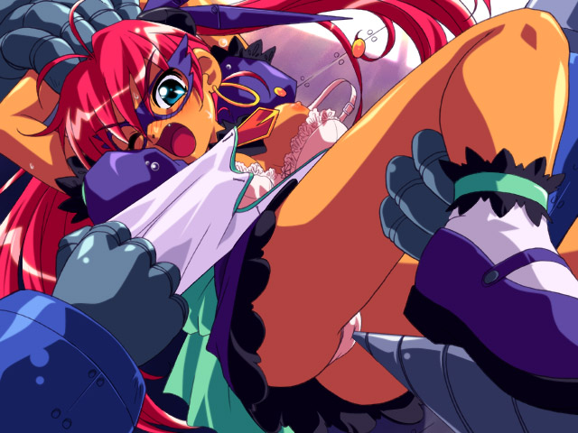 nonohara miki, white legwear, character request, tagme, 1girl, 1other, blue eyes, blush, clothes pull, dark skin, drill, glasses, mary janes, mechanical hands, one eye closed, open mouth, panties, pantyshot, rape, red hair, shoes, socks, twintails, underwear