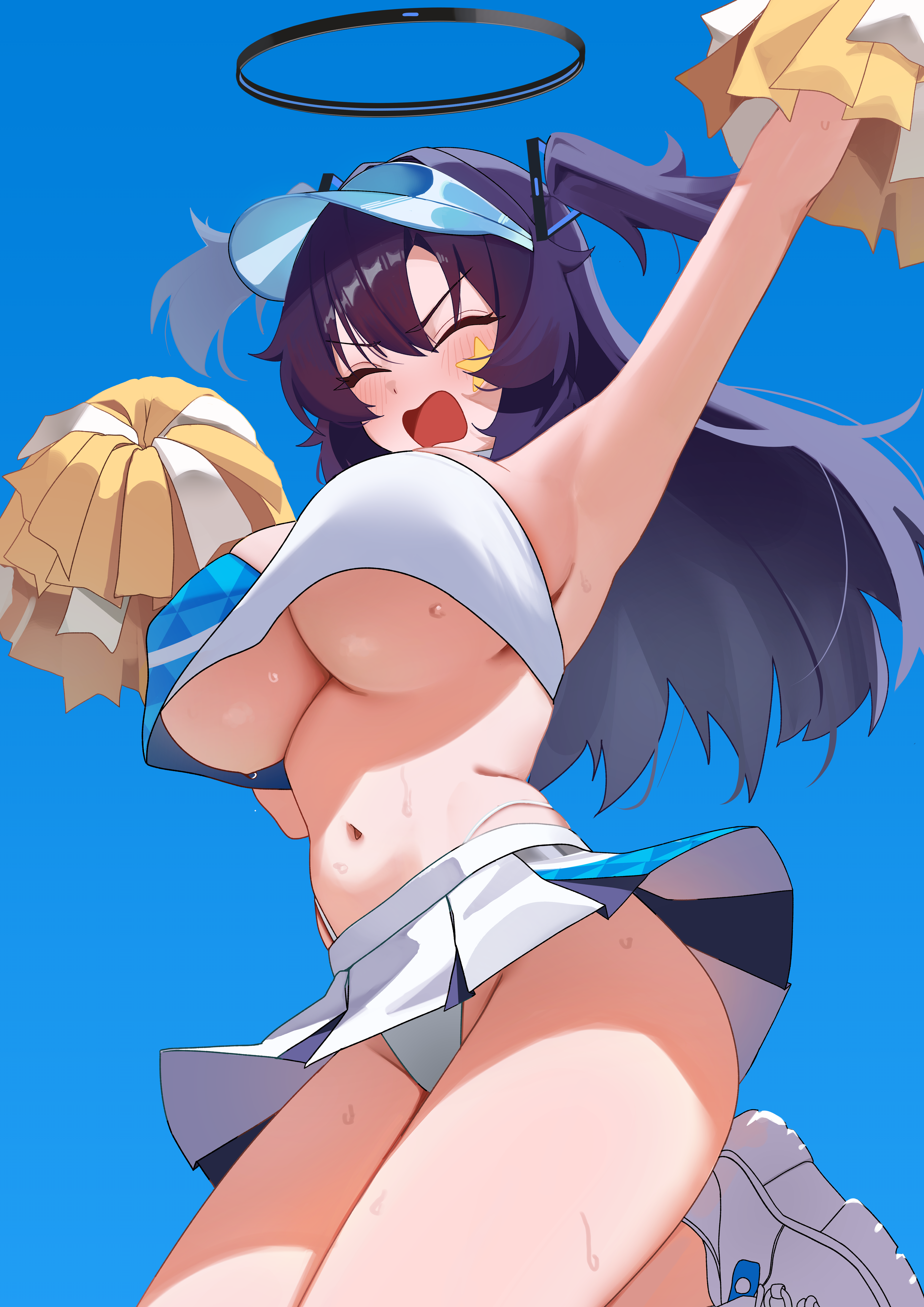 mcbox, yuuka (blue archive), blue archive, absurdres, highres, 1girl, alternate costume, arm up, armpits, black halo, blue hair, blush, breasts, cheering, cheerleader, closed eyes, crop top, from below, hair ornament, halo, holding, holding pom poms, jumping, large breasts, long hair, millennium cheerleader outfit (blue archive), miniskirt, navel, open mouth, panties, pom pom (cheerleading), pom poms, skirt, solo, star (symbol), star sticker, sticker, sticker on face, stomach, sweat, thighs, triangle hair ornament, two side up, underboob, underwear, v-shaped eyebrows, white panties, white skirt