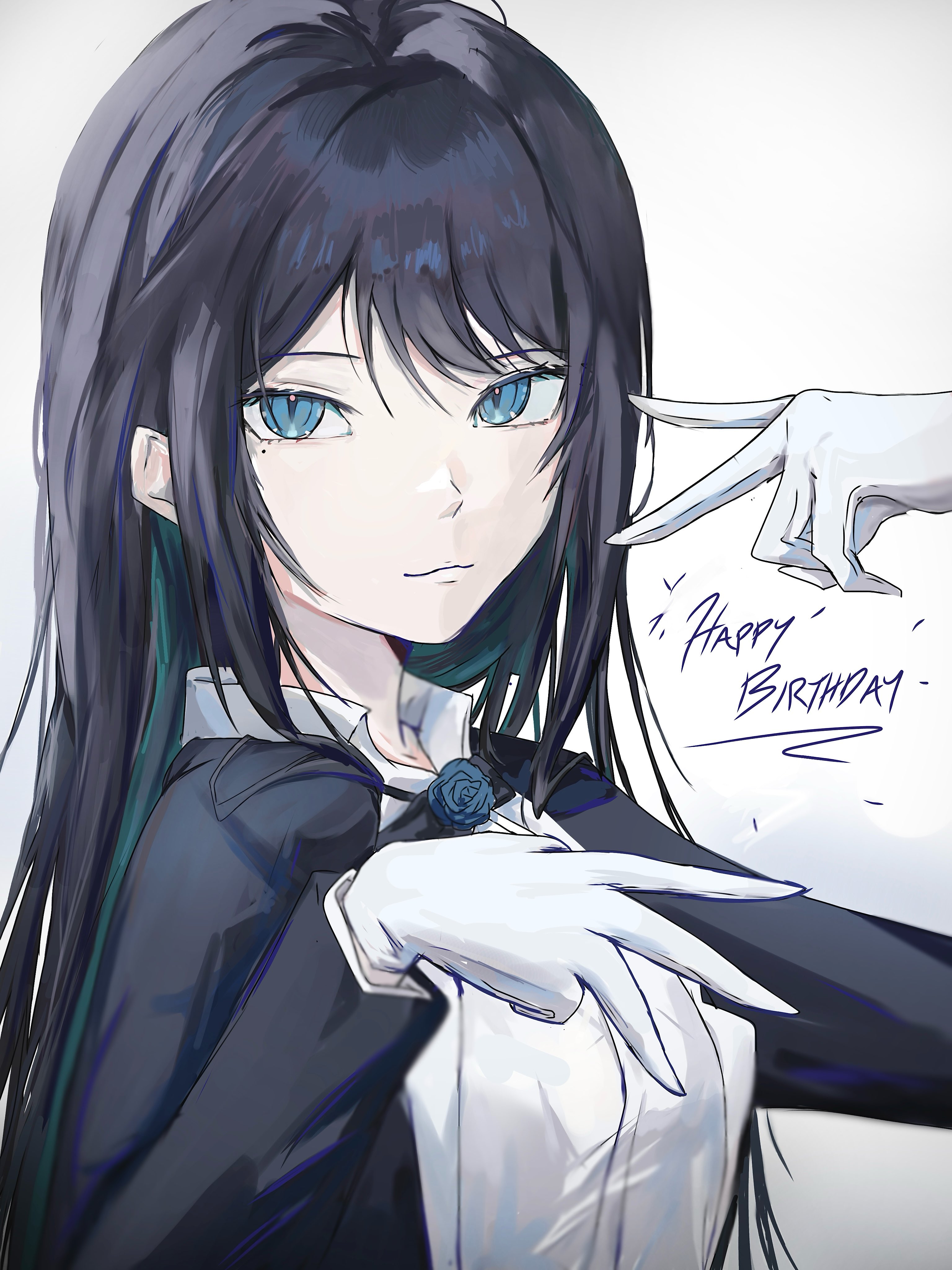 kahuna90231217, chando (ado), ado (utaite), absurdres, commentary, highres, 1girl, black coat, black hair, blue eyes, blue hair, closed mouth, coat, gloves, happy birthday, long hair, long sleeves, mole, mole under eye, multicolored hair, shirt, simple background, solo, streaked hair, upper body, utaite, v, white background, white gloves, white shirt