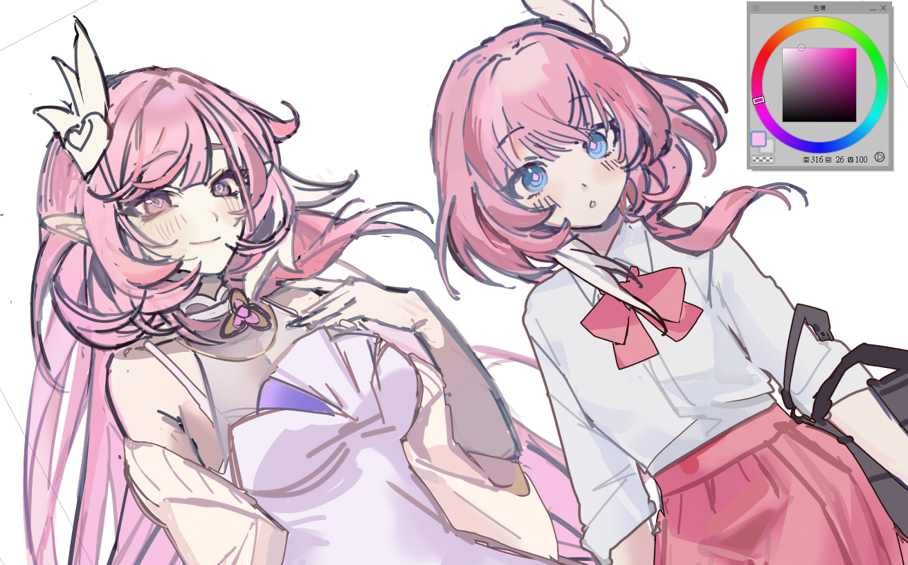 yu chien (yuchien4221), cyrene (honkai: star rail), elysia (herrscher of human: ego) (honkai impact), elysia (honkai impact), inoue marina, honkai: star rail, honkai (series), honkai impact 3rd, commentary request, 2girls, art program in frame, blue eyes, bow, bowtie, breasts, collared shirt, color connection, company connection, cyrene (aedes elysiae) (honkai: star rail), diamond-shaped pupils, diamond (shape), dress, elf, hair color connection, hair ornament, large breasts, long hair, multicolored hair, multiple girls, pink bow, pink bowtie, pink hair, pink skirt, pointy ears, purple eyes, shirt, simple background, skirt, small breasts, smile, symbol-shaped pupils, two-tone hair, very long hair, voice actor connection, white background, white dress, white hair, white shirt, yanning
