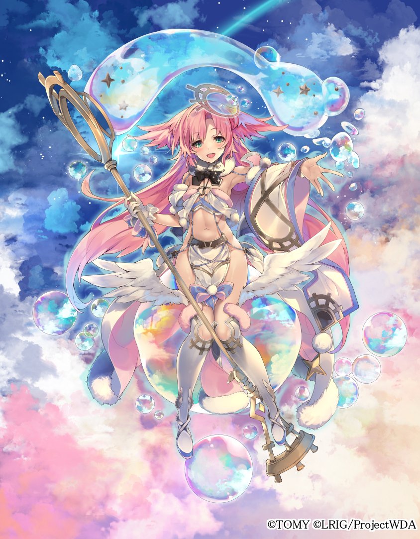 mayusaki yuu, tawil (wixoss), wixoss, official art, 1girl, aqua eyes, boots, copyright notice, detached sleeves, dress, feathered wings, gloves, holding, holding weapon, leg wings, long hair, navel, open mouth, pink hair, solo, thigh boots, weapon, white dress, white gloves, white wrist cuffs, wings, wrist cuffs