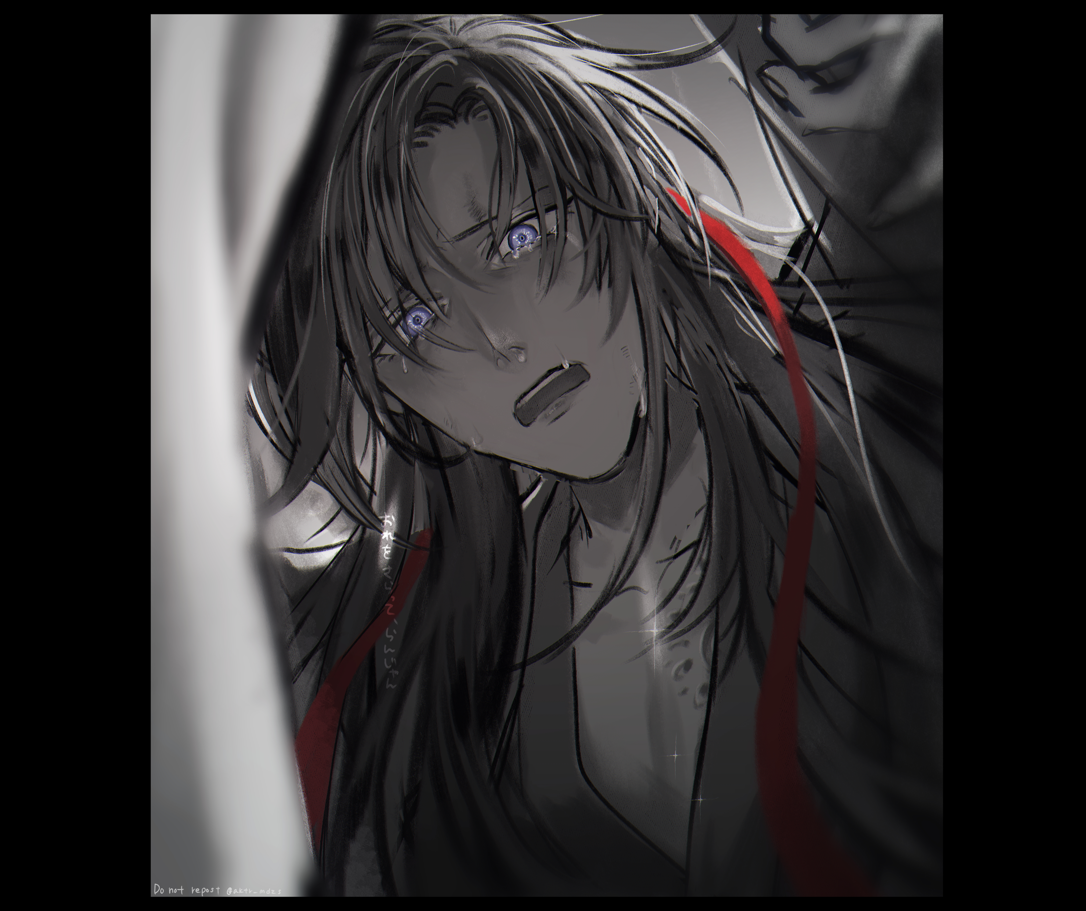 actcat3, wei wuxian, wei wuxian (yiling laozu), modao zushi, absurdres, highres, 1boy, black border, black hair, black hanfu, blurry, blurry foreground, border, branded, chinese clothes, collarbone, crying, crying with eyes open, depth of field, dirty, dirty face, fang, greyscale, hair down, hair ribbon, half updo, hanfu, long hair, long sleeves, looking at viewer, looking down, male focus, monochrome, official alternate hairstyle, open mouth, parted bangs, pectoral cleavage, pectorals, pillarboxed, purple eyes, red ribbon, ribbon, robe, scar, scar on chest, shade, solo, spot color, tears, twitter username, upper body