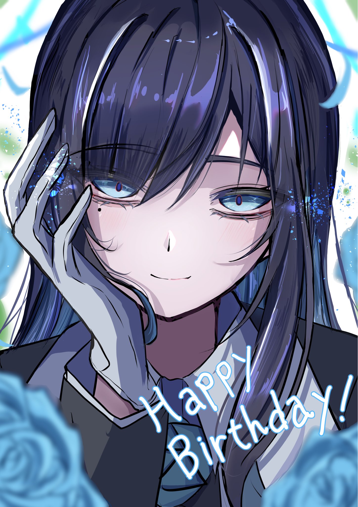 megu (9abgoluanvcjd7o), chando (ado), ado (utaite), commentary, highres, 1girl, black hair, blue eyes, blue flower, blue hair, blue rose, closed mouth, dress, flower, gloves, hand on own cheek, hand on own face, happy birthday, looking at viewer, mole, mole under eye, portrait, rose, solo, utaite, white gloves
