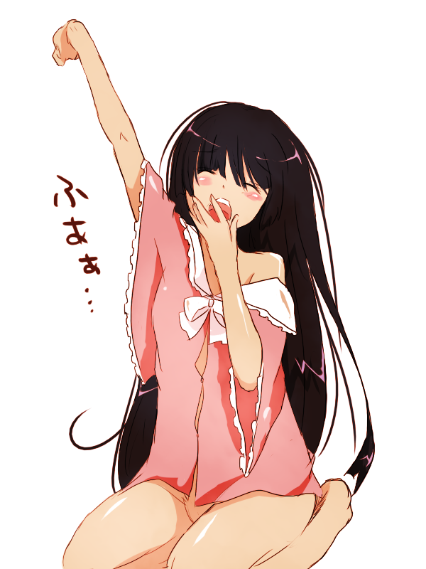 373, houraisan kaguya, touhou, non-web source, 1girl, barefoot, black hair, blush, closed eyes, female focus, long hair, no panties, off shoulder, seiza, simple background, sitting, solo, stretching, white background, yawning
