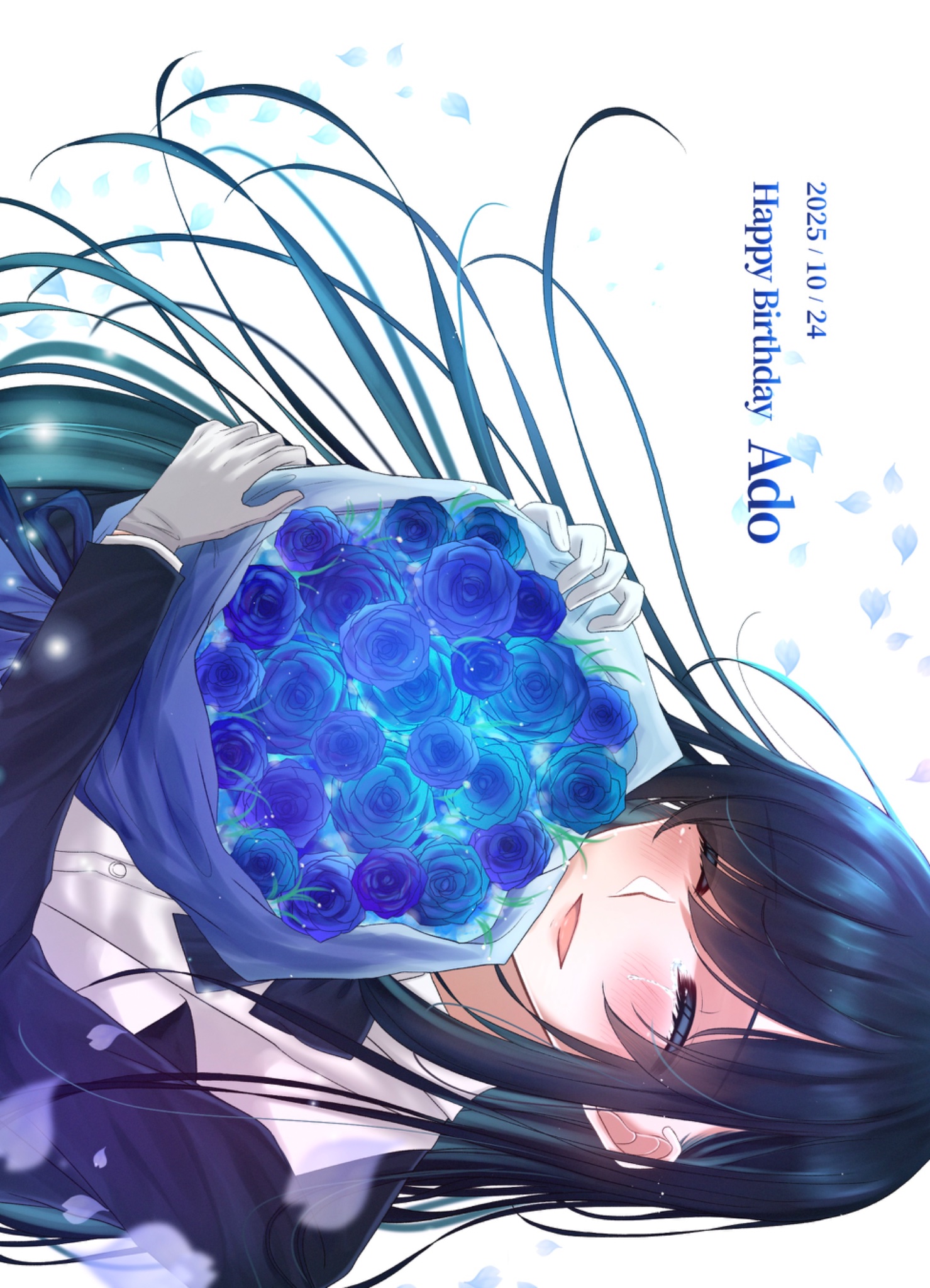 shoko (gs music11), chando (ado), ado (utaite), commentary request, highres, 1girl, black hair, blue flower, blue hair, blue rose, blush, bouquet, colored inner hair, crying, dated, dress shirt, english text, falling flower, floating hair, flower, gloves, happy birthday, holding, holding bouquet, long hair, mole, mole under eye, multicolored hair, open mouth, rose, shirt, sideways, simple background, solo, white background, white gloves, white shirt