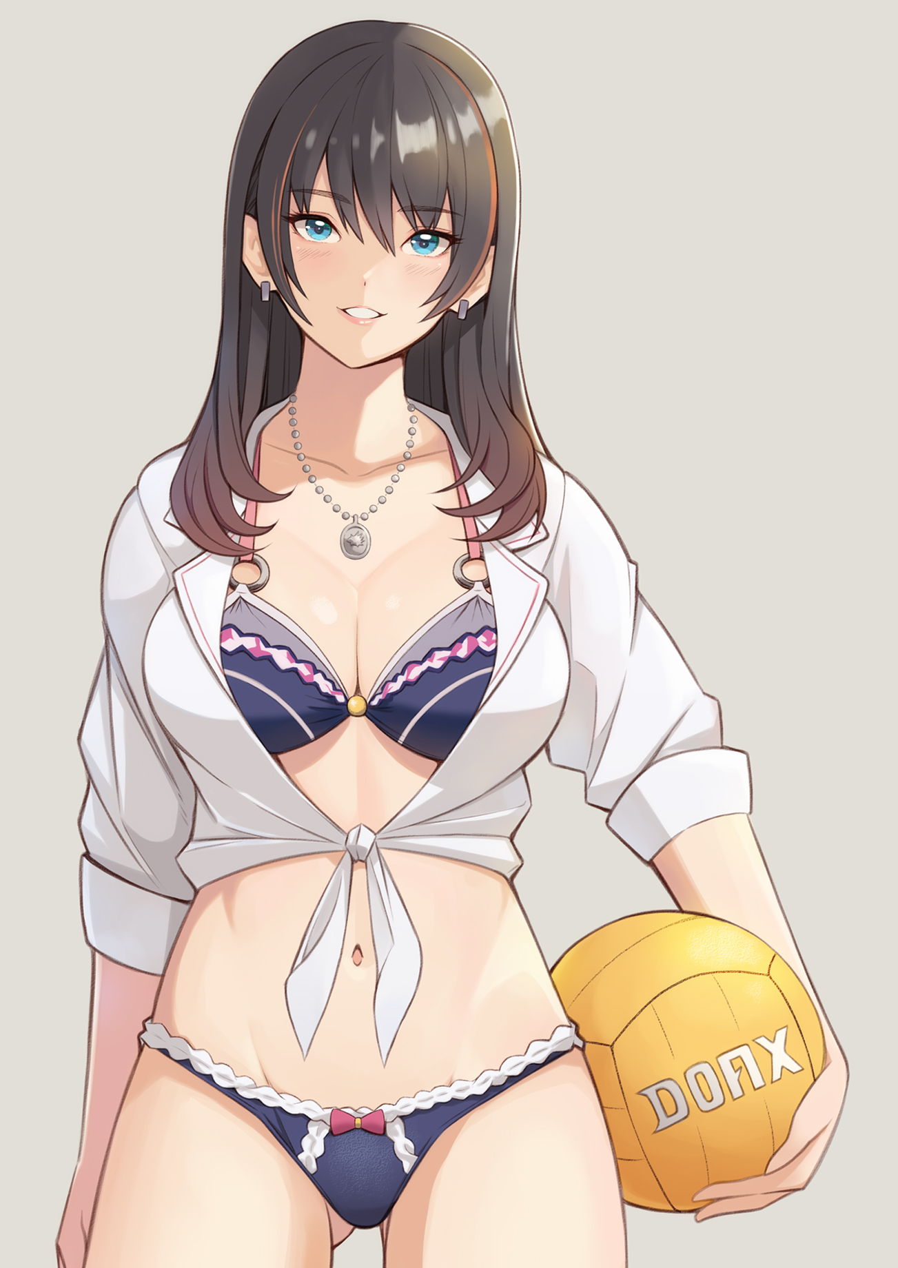 konishiki (52siki), nanami (doa), dead or alive, dead or alive xtreme, dead or alive xtreme venus vacation, highres, 1girl, ball, bikini, black hair, blue bikini, blue eyes, blush, breasts, brown hair, cleavage, collarbone, earrings, frilled bikini, frills, gluteal fold, groin, hair between eyes, holding, holding ball, jewelry, large breasts, long hair, looking at viewer, multicolored hair, navel, necklace, parted lips, shirt, sleeves rolled up, solo, streaked hair, swimsuit, thighs, tied shirt, volleyball, white shirt
