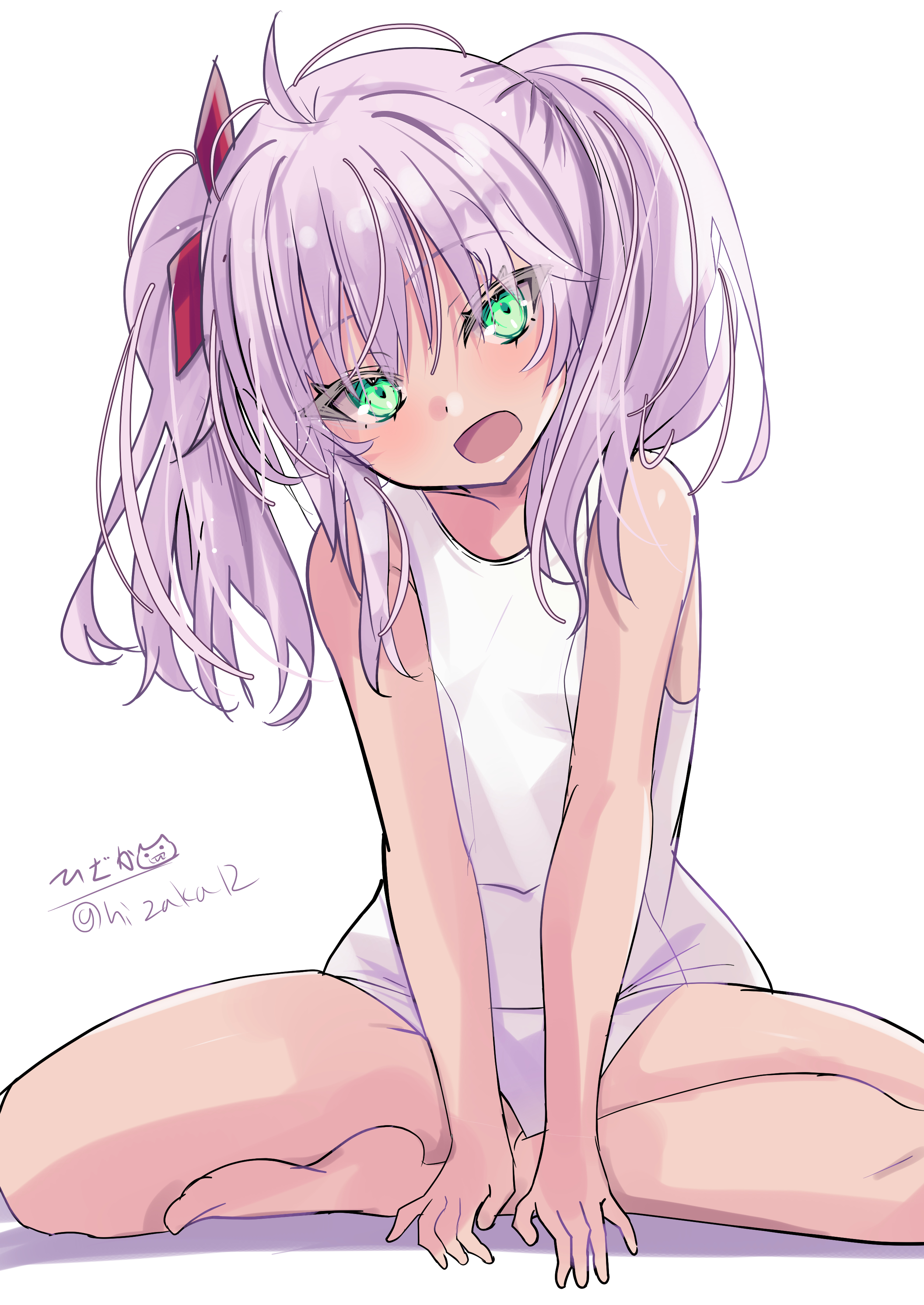 hizaka, comandante cappellini (kancolle), i-503 (kancolle), kantai collection, absurdres, highres, 1girl, artist name, blush, covered navel, dark-skinned female, dark skin, green eyes, indian style, long hair, looking at viewer, multicolored hair, one-hour drawing challenge, one-piece swimsuit, pink hair, school swimsuit, signature, sitting, smile, solo, streaked hair, swimsuit, twintails, twitter username, white background, white one-piece swimsuit