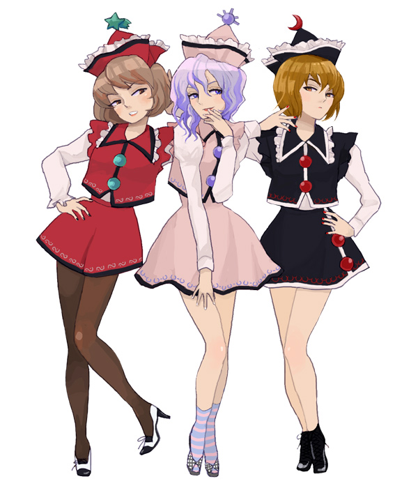 fu (mushibun), fu (pixiv), lunasa prismriver, lyrica prismriver, merlin prismriver, touhou, brown legwear, light purple hair, striped legwear, bad id, bad pixiv id, 3girls, aged up, blonde hair, blue eyes, brown eyes, brown hair, dress, female focus, hand on own hip, hand to own mouth, hat, high heels, hip focus, multiple girls, pantyhose, shoes, siblings, sisters, smug, socks, striped clothes, striped socks, yellow eyes