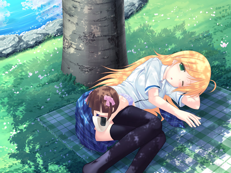 kageira, hoshii miki, nonowa, idolmaster, idolmaster (classic), idolmaster 1, black legwear, 00s, 2girls, ahoge, blonde hair, blush, censored, cherry blossoms, convenient censoring, dappled sunlight, food, grass, green eyes, long hair, lying, multiple girls, necktie, on side, one eye closed, onigiri, petals, plaid clothes, plaid skirt, rough time school, shade, skirt, sunlight, thighhighs, tree, tree shade, water, wink