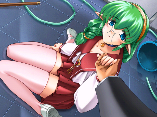 karen (artist), celes leblanc, alice soft, pastel chime, plaid, game cg, 1boy, 1girl, bell, blue eyes, braid, brooch, bucket, collar, dutch angle, elf, floor, from above, glasses, green hair, hair between eyes, hairband, hetero, holding hands, hose, indoors, jacket, jewelry, jingle bell, kneeling, leg grab, long hair, long pointy ears, looking at viewer, male hand, mary janes, miniskirt, neck bell, on floor, outstretched arm, parted lips, pink thighhighs, pleated skirt, pointy ears, pov, profile, reflection, school uniform, scrunchie, serafuku, shirt, shoes, single braid, sitting, skirt, spill, thigh gap, thighhighs, tile floor, tiles, wariza, water, zettai ryouiki