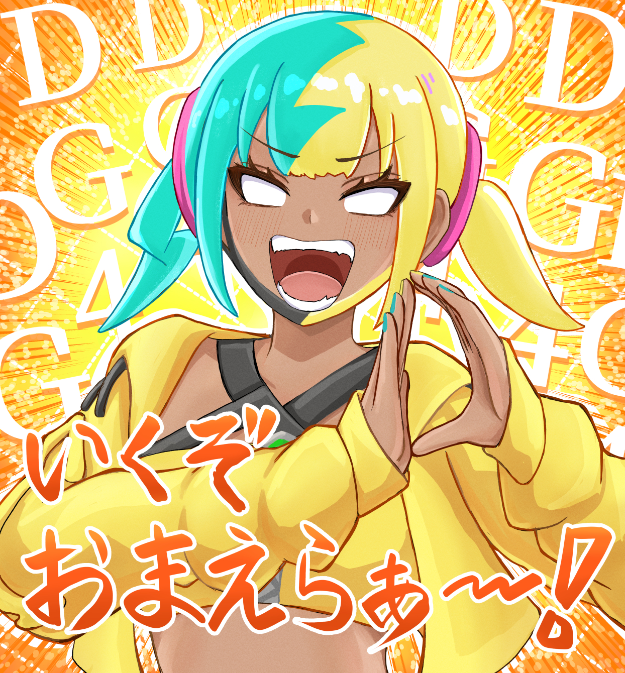 miyabidai, canari (pokemon), nintendo, pokemon, pokemon legends: z-a, commentary request, highres, 1girl, bandeau, blank eyes, eyelashes, hands up, jacket, long sleeves, mask, mask pull, mouth mask, multicolored hair, nail polish, open clothes, open jacket, open mouth, shouting, sleeves past wrists, solo, teeth, tongue, two-tone hair, upper body, yellow bandeau, yellow jacket, zipper