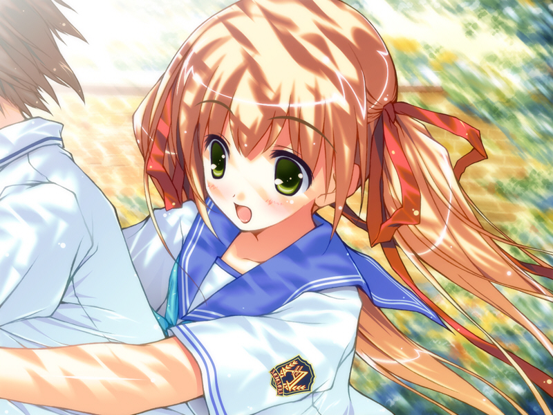 yuuki haruka, pastel (game), game cg, non-web source, 1boy, 1girl, blonde hair, female focus, green eyes, hair ornament, long hair, school uniform, serafuku, shade, smile, solo, twintails