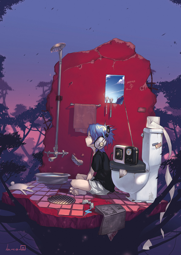 letme, basin, 1girl, barefoot, black shirt, blue hair, dusk, female focus, from side, headphones, indian style, looking afar, mirror, newspaper, on floor, profile, radio, ruins, shirt, short hair, short sleeves, shorts, shower (place), shower head, signature, sitting, sky, solo, stuffed animal, stuffed rabbit, stuffed toy, t-shirt, toilet, toilet paper, toothpaste, towel, tree, v arms, wind