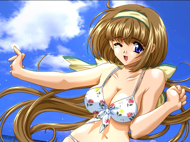 sakai makoto, fight! makoto, game cg, non-web source, 1girl, beach, bikini, blue eyes, brown hair, day, female focus, hairband, long hair, one eye closed, outdoors, solo, swimsuit, white bikini, wink