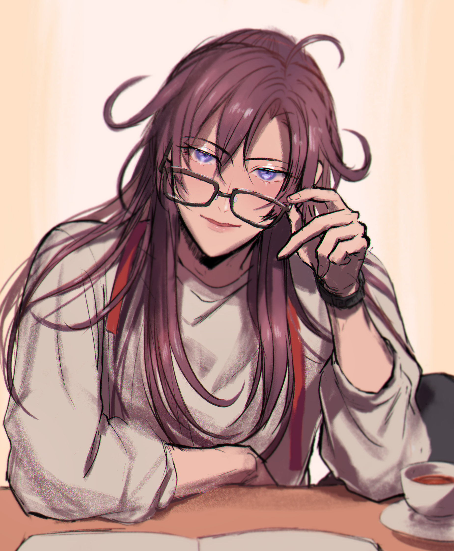 actcat3, wei wuxian, wei wuxian (yiling laozu), modao zushi, highres, 1boy, adjusting eyewear, ahoge, alternate costume, bespectacled, blush, book, brown hair, coffee, contemporary, cup, glasses, hair down, hair ribbon, half updo, hand up, long hair, looking at viewer, male focus, official alternate hairstyle, open book, parted lips, purple eyes, red ribbon, ribbon, shirt, smile, solo, table, tea, teacup, watch, white shirt, wristwatch