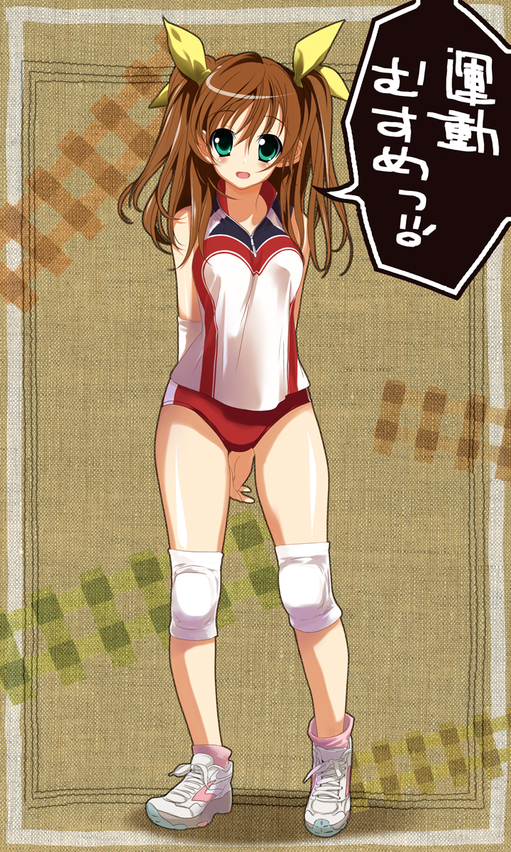 mahan (clock hearts), original, highres, translated, 1girl, arms behind back, brown hair, buruma, female focus, full body, green eyes, gym uniform, hair ribbon, knee pads, legs, looking at viewer, open mouth, pink socks, red buruma, ribbon, shoes, sneakers, socks, solo, speech bubble, sportswear, standing, twintails, volleyball uniform, white shoes, yellow ribbon