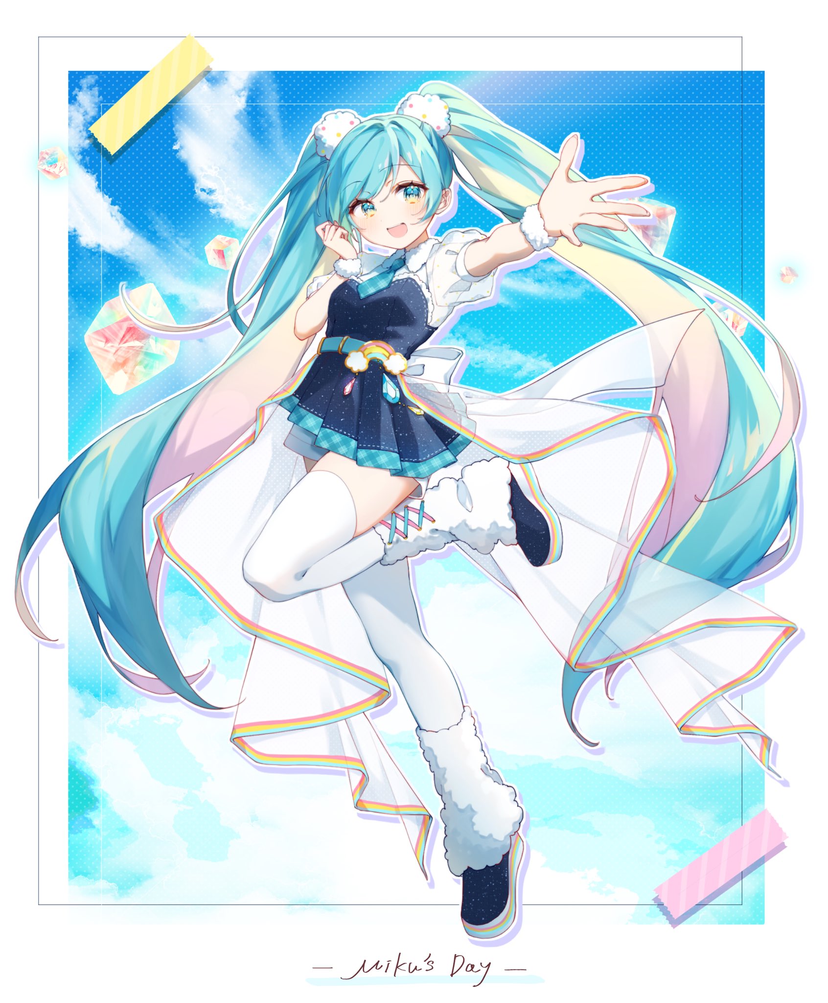 drawing kanon, hatsune miku, vocaloid, highres, 1girl, aqua eyes, aqua hair, aqua necktie, aqua trim, black dress, black skirt, dress, gold trim, leg warmers, long hair, miku day, necktie, open mouth, pleated skirt, short sleeves, skirt, smile, solo, stretching, thick thighs, thighhighs, thighs, twintails, very long hair, white leg warmers, white thighhighs