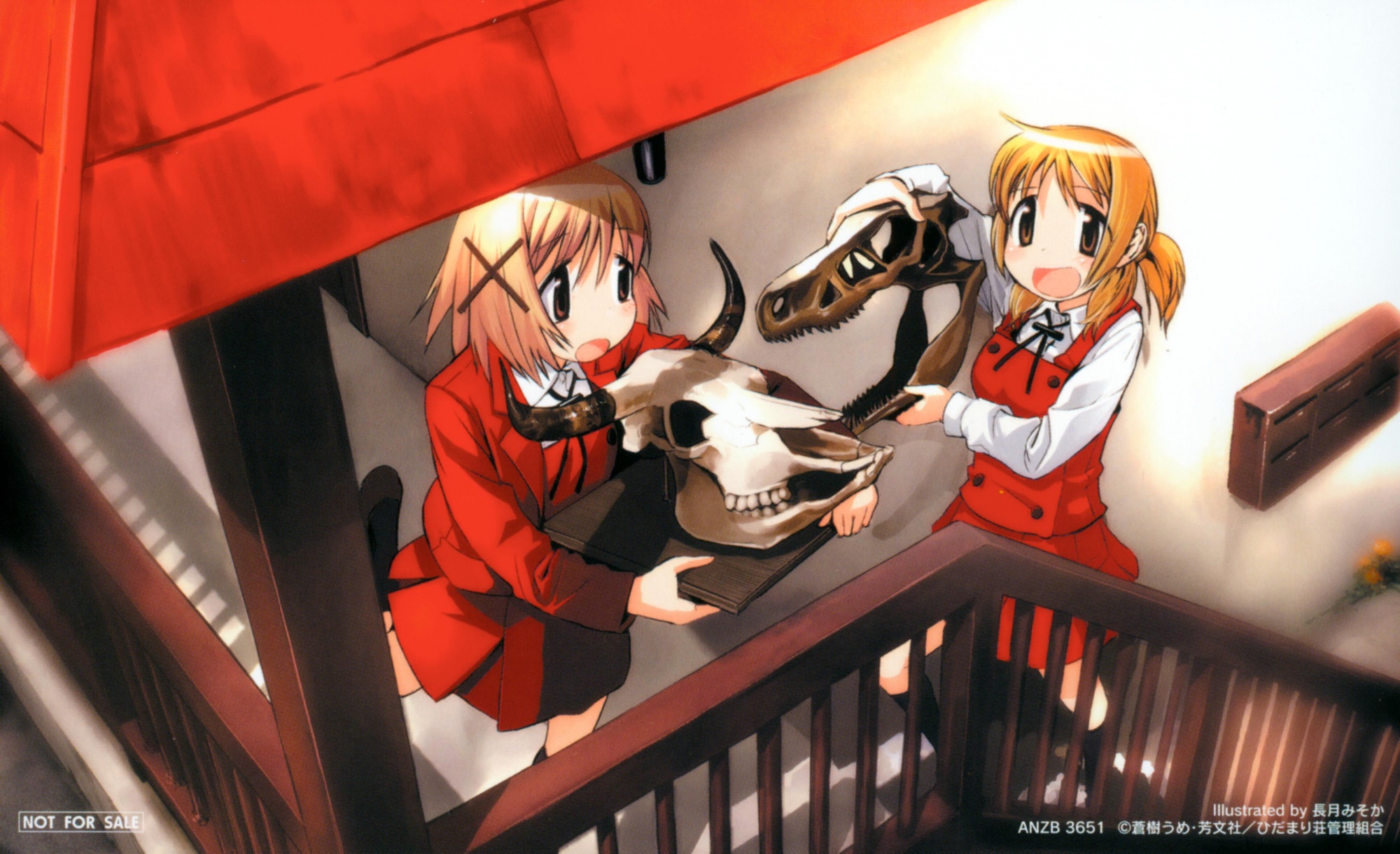 nagatsuki misoka, miyako (hidamari sketch), yuno (hidamari sketch), hidamari sketch, highres, non-web source, 00s, school uniform, skull, stairs, yamabuki high school uniform