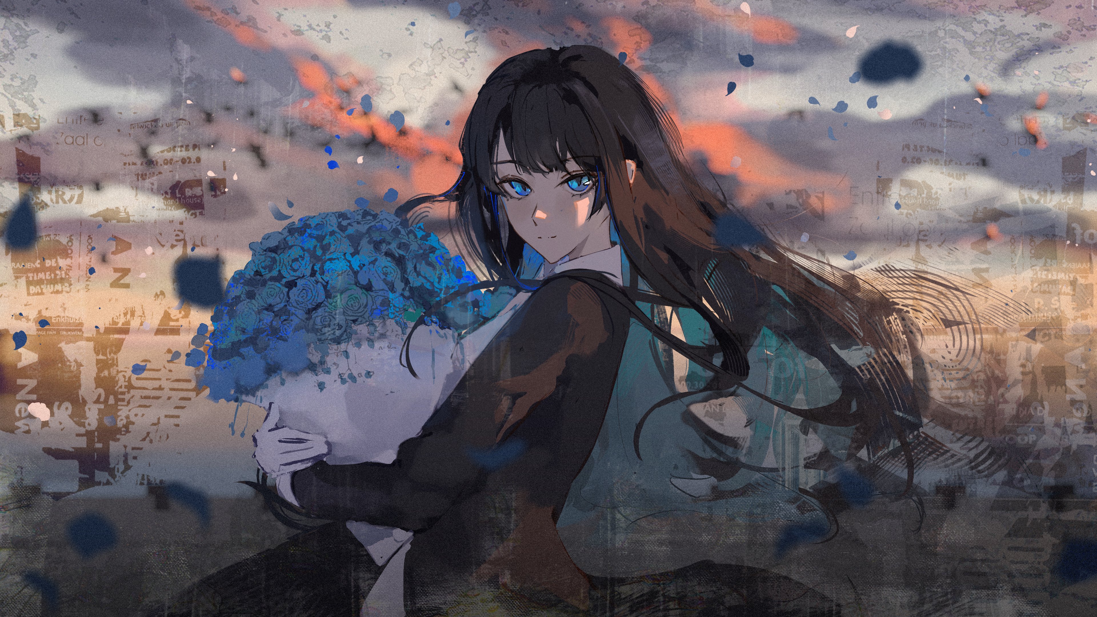 eien 001, chando (ado), ado (utaite), absurdres, commentary, highres, 1girl, black coat, black hair, blue eyes, blue flower, blue hair, blue rose, bouquet, closed mouth, coat, flower, gloves, holding, holding bouquet, long hair, looking at viewer, mole, mole under eye, rose, solo, utaite, white gloves