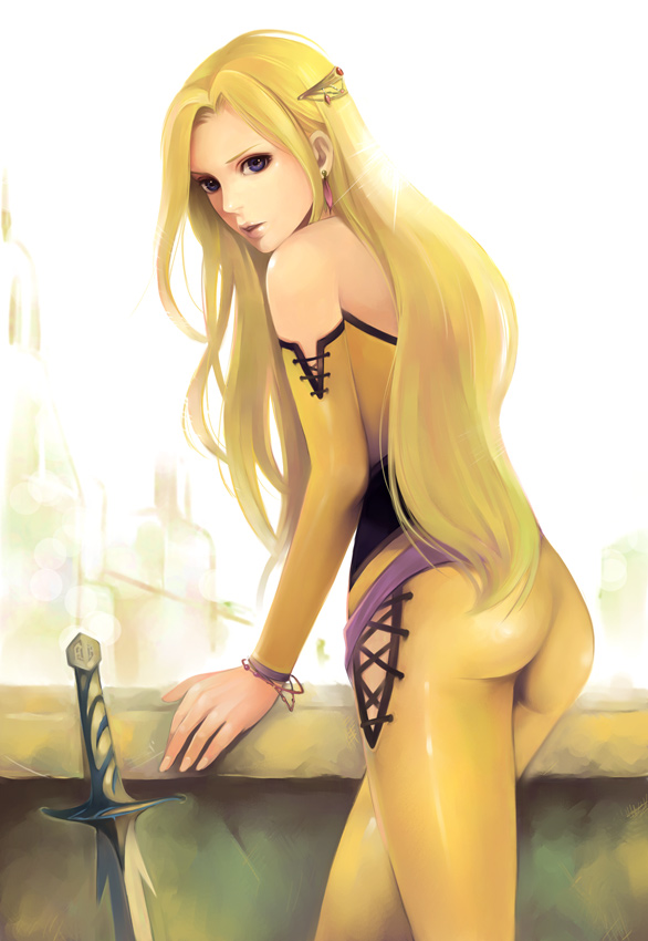 itori (clarice note), celes chere, final fantasy, final fantasy vi, 1990s (style), 1girl, alternate costume, ass, bare shoulders, blonde hair, blue eyes, detached sleeves, earrings, female focus, jewelry, long hair, looking back, purple eyes, retro artstyle, solo, sword, very long hair, weapon