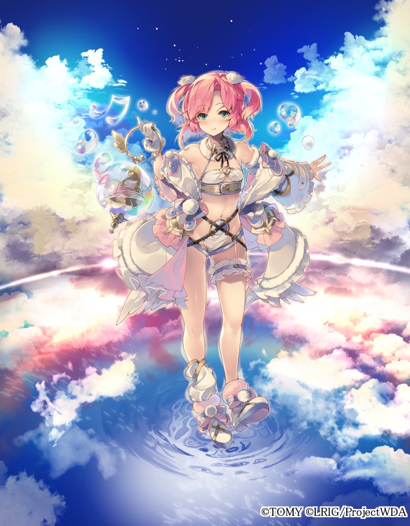 mayusaki yuu, tawil (wixoss), wixoss, official art, 1girl, aqua eyes, beamed eighth notes, bell, breasts, bubble, closed mouth, copyright notice, detached sleeves, feathered wings, frilled thigh strap, gloves, holding, holding bell, leg wings, long hair, medium hair, musical note, navel, pink hair, shoes, small breasts, solo, thigh strap, two side up, white gloves, white shoes, white wings, wings